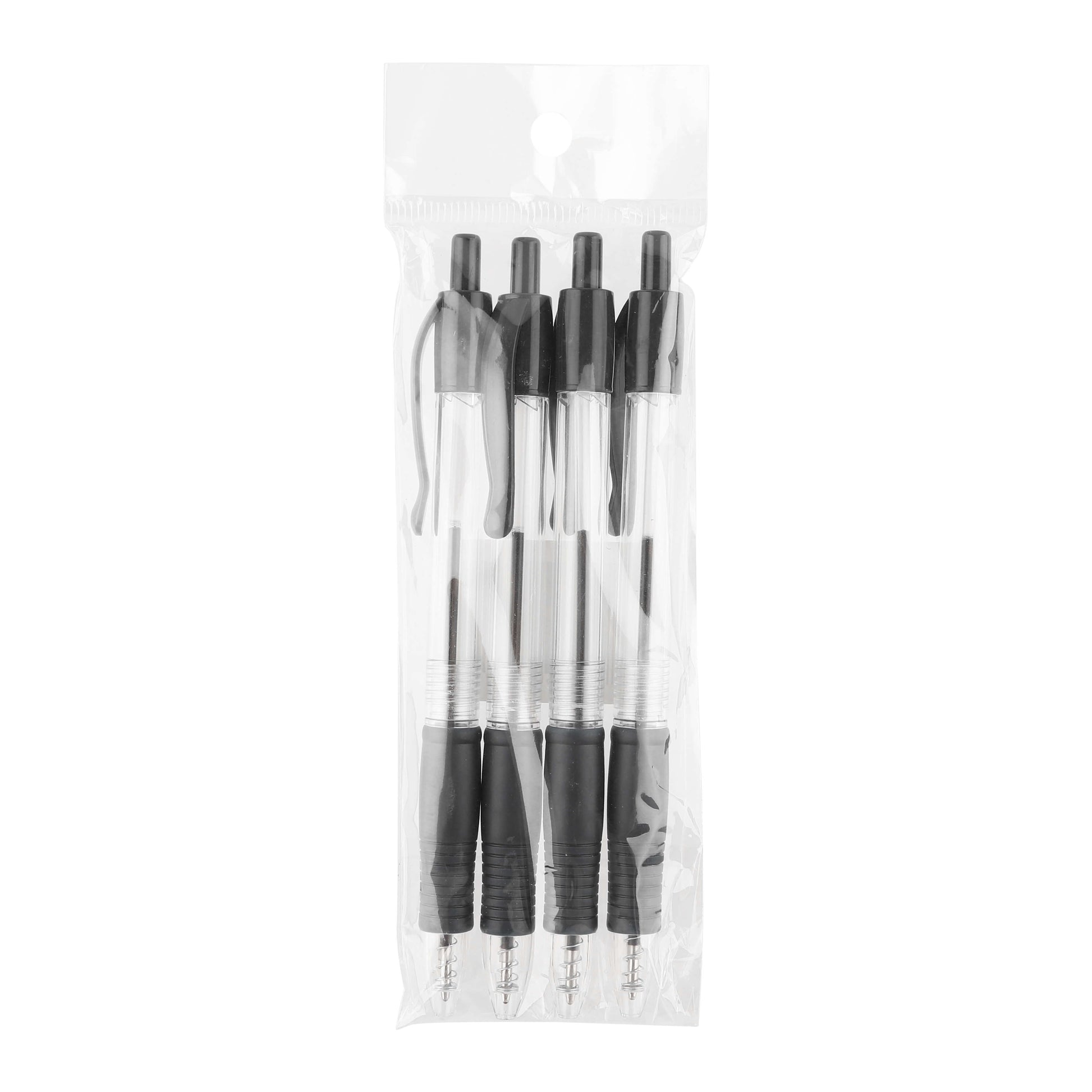 Set of four black ballpoint pens shown in retail packaging.