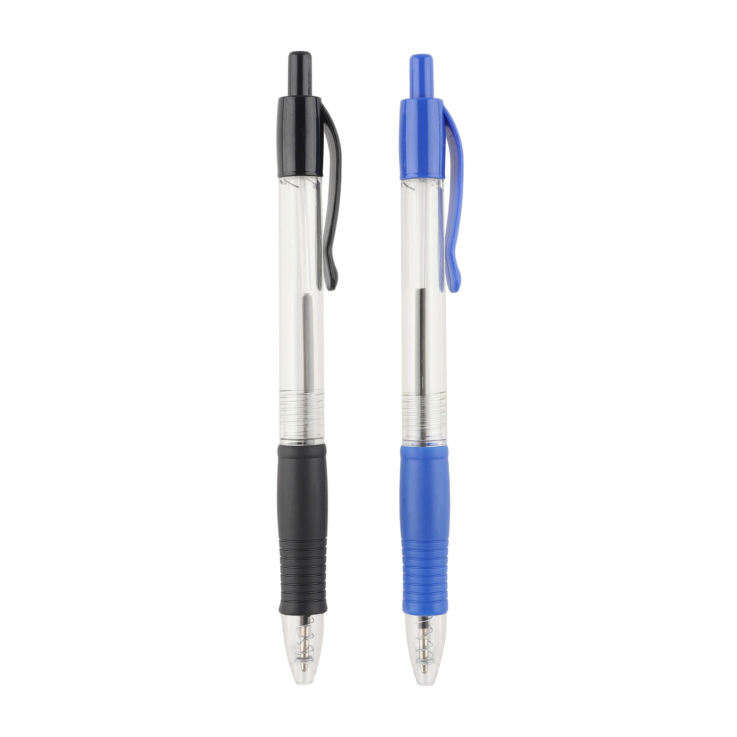 Blue and black ballpoint pens placed side by side, uncapped.