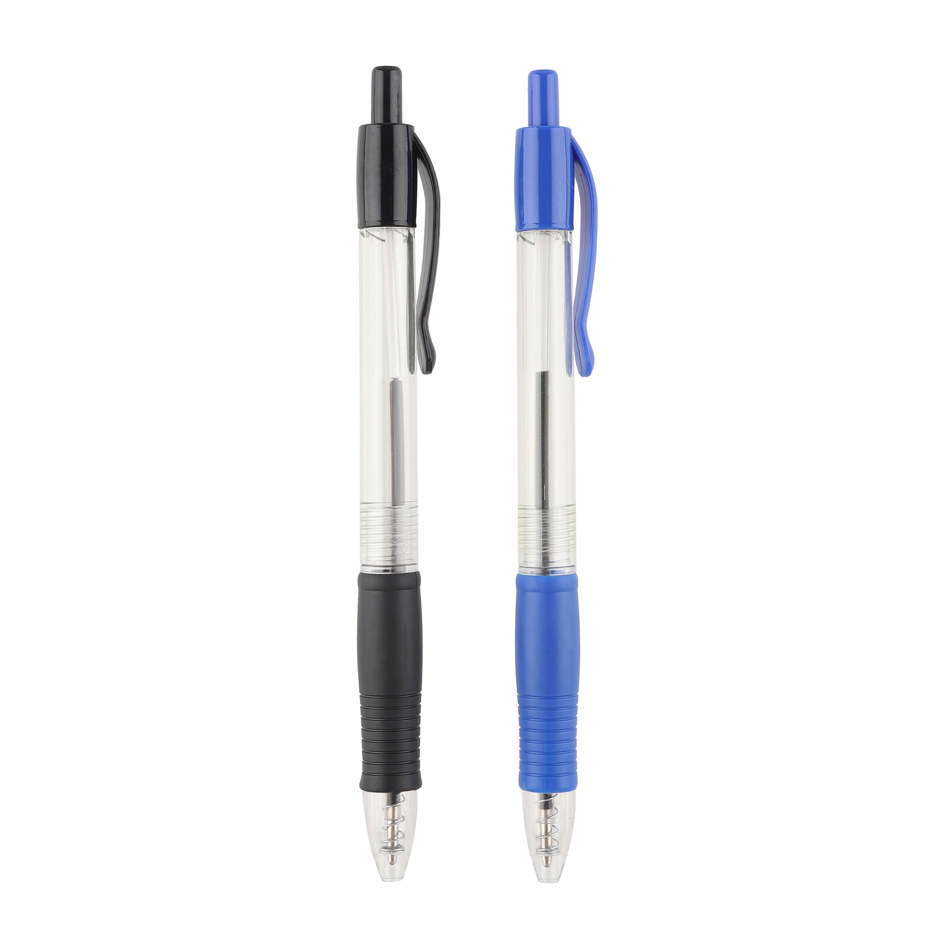 Blue and black ballpoint pens placed side by side, uncapped.