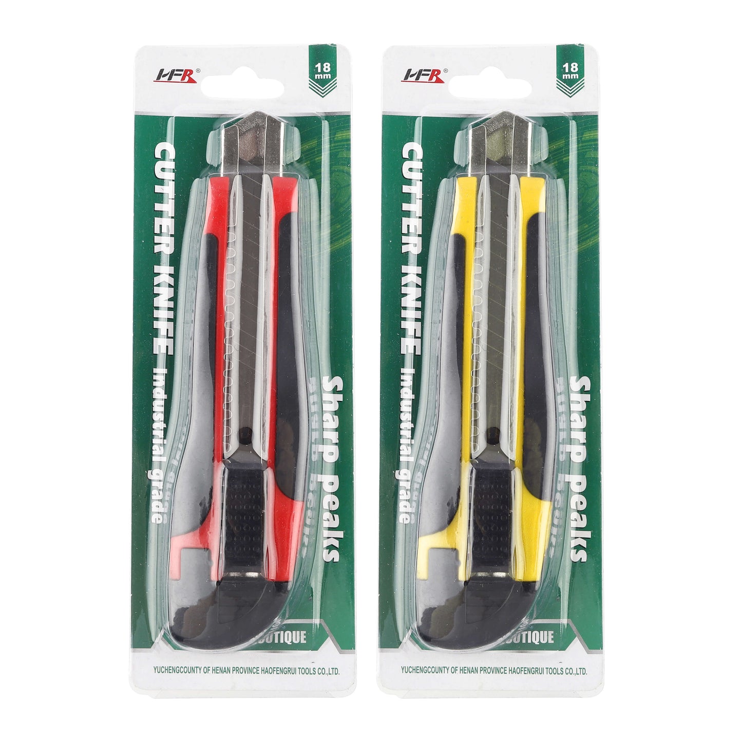 Two packaged utility cutter knives in red and yellow, retail display.