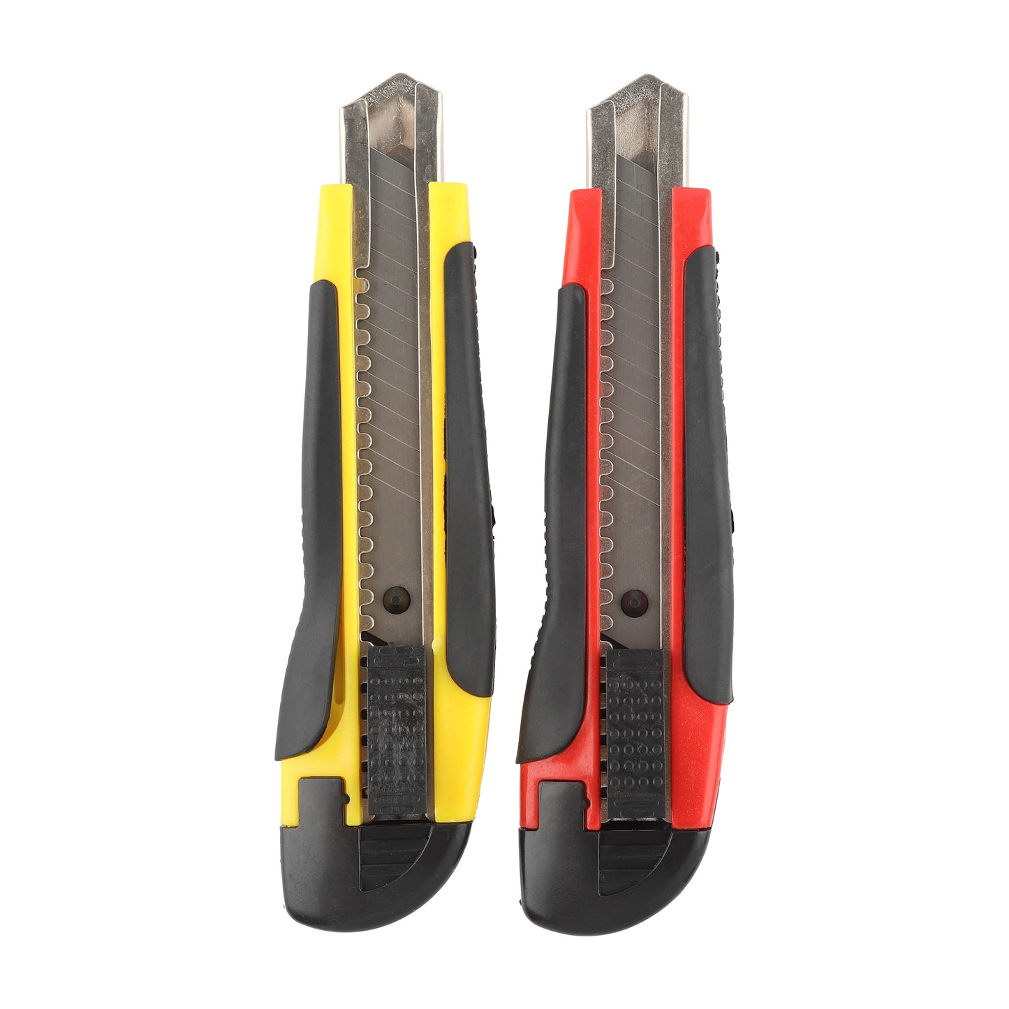 Side-by-side view of red and yellow utility cutter knives.