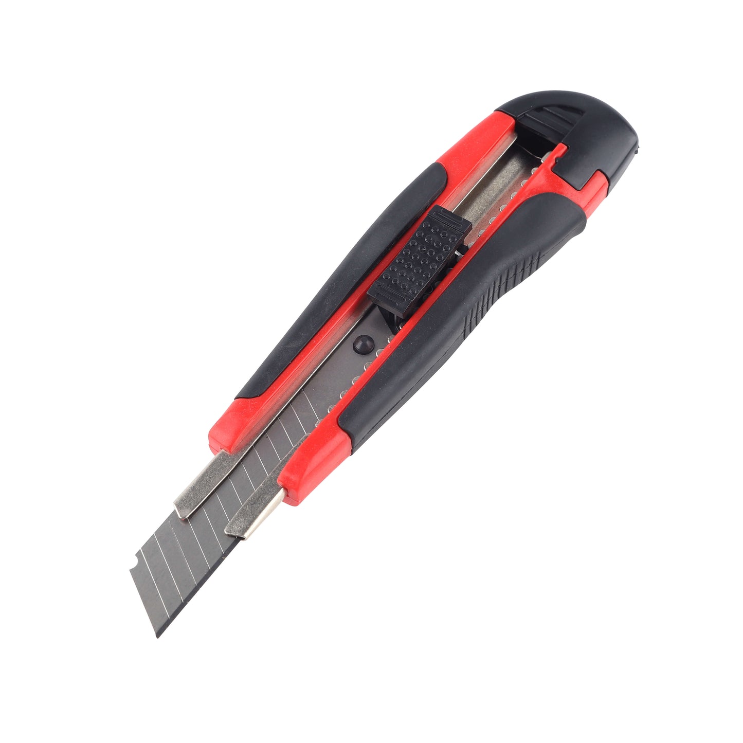 Red utility knife with extended retractable blade, angled view.
