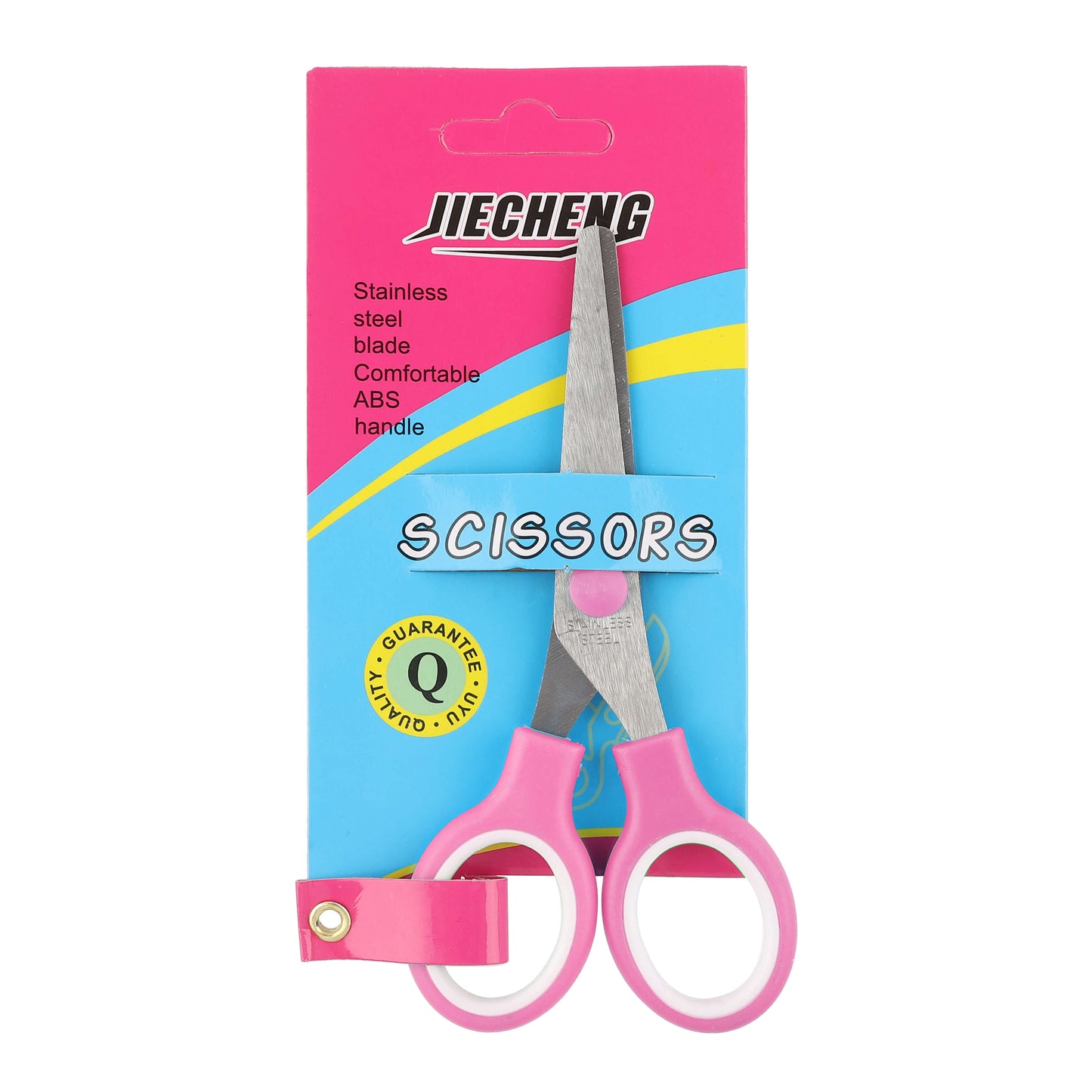 Student scissors with pink handles in retail packaging