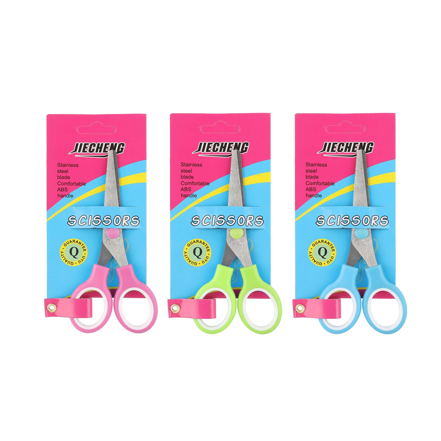 Three packs of student scissors in assorted colors and packaging.