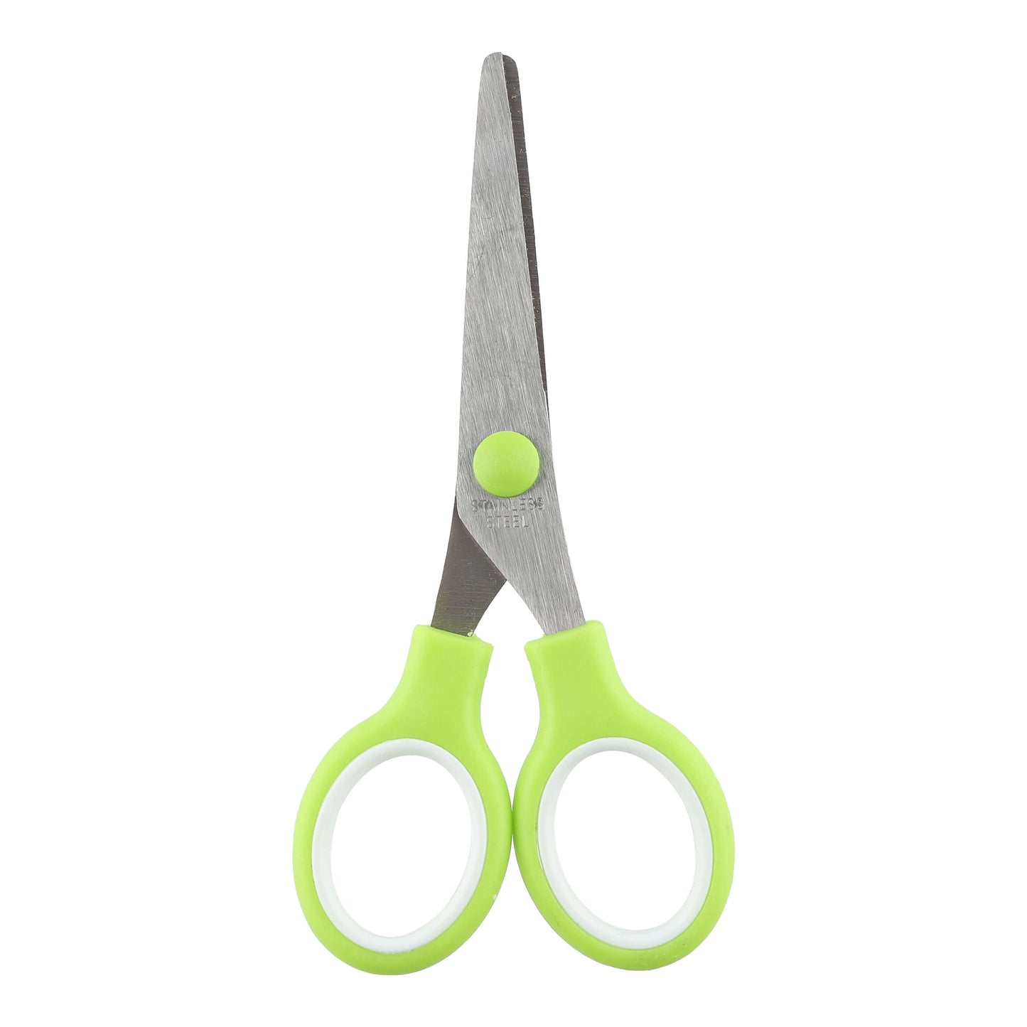 Green-handled student scissors shown in upright front-facing position.