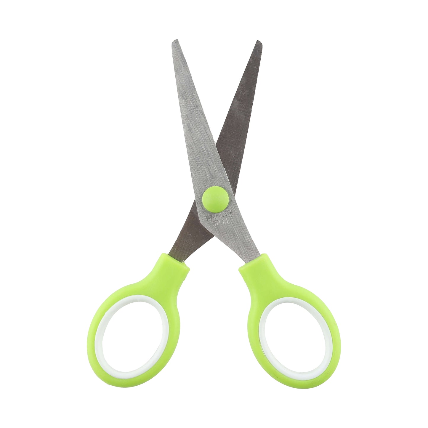 Open student scissors with green handles displayed at an angle.