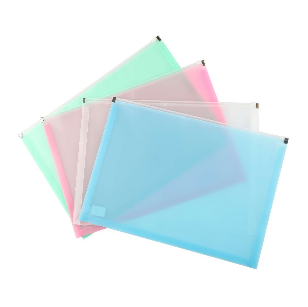 Four translucent A4 zipper file bags in assorted pastel colors stacked together.