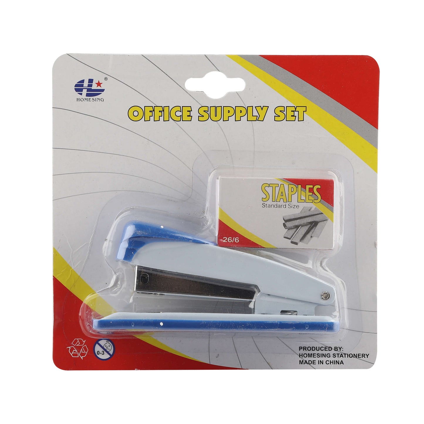 Mini stapler with staple pins in clear retail packaging, labeled "Office Supply Set."