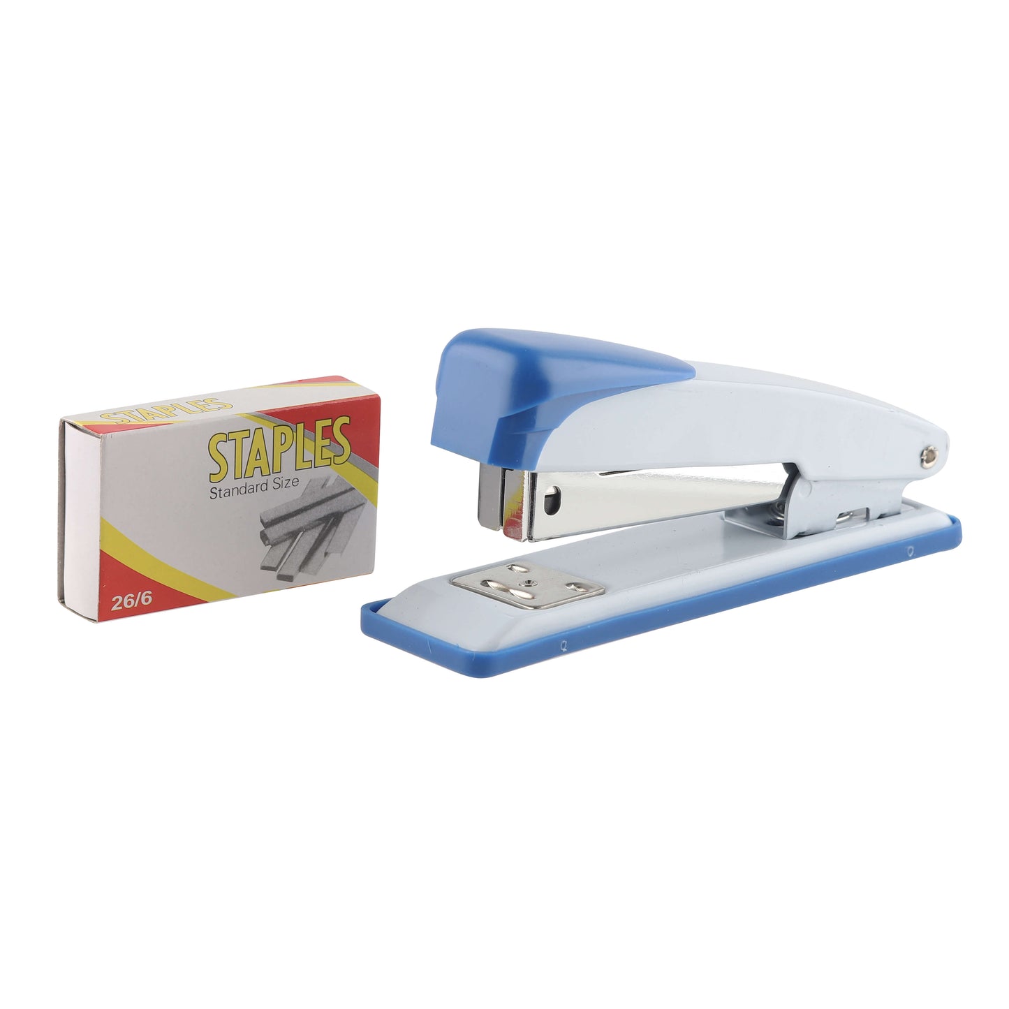 Compact blue stapler next to a box of staple pins, ideal for school or office use.