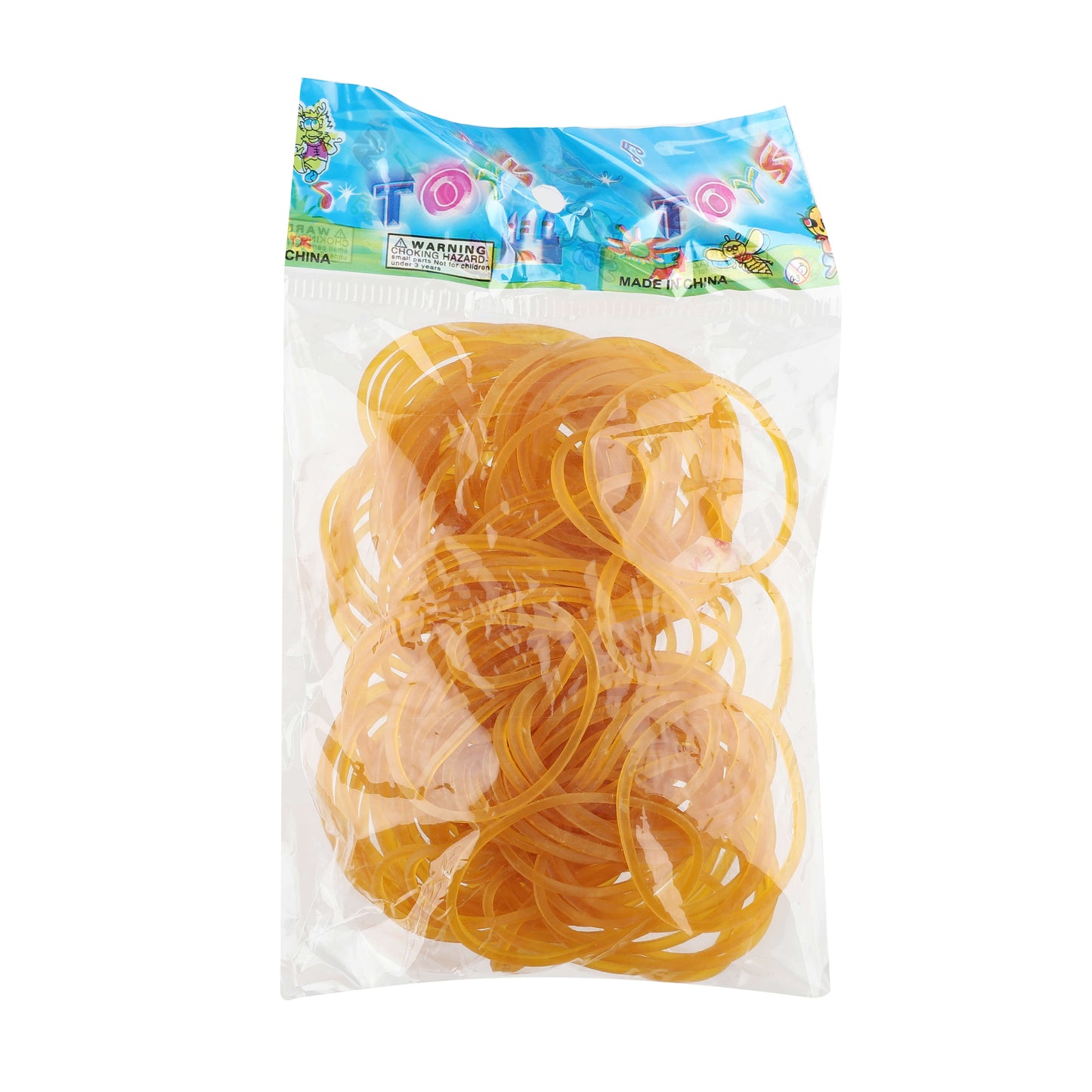 Pack of yellow rubber bands in transparent retail packaging with colorful label.