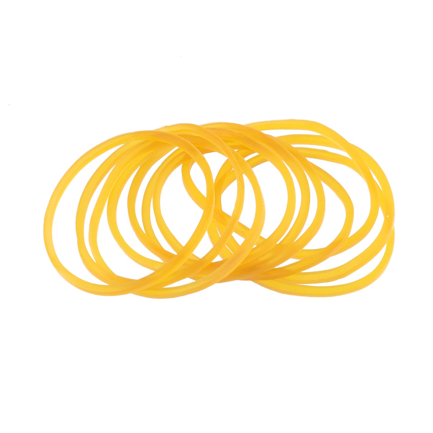 Pile of yellow rubber bands arranged loosely on a white background.
