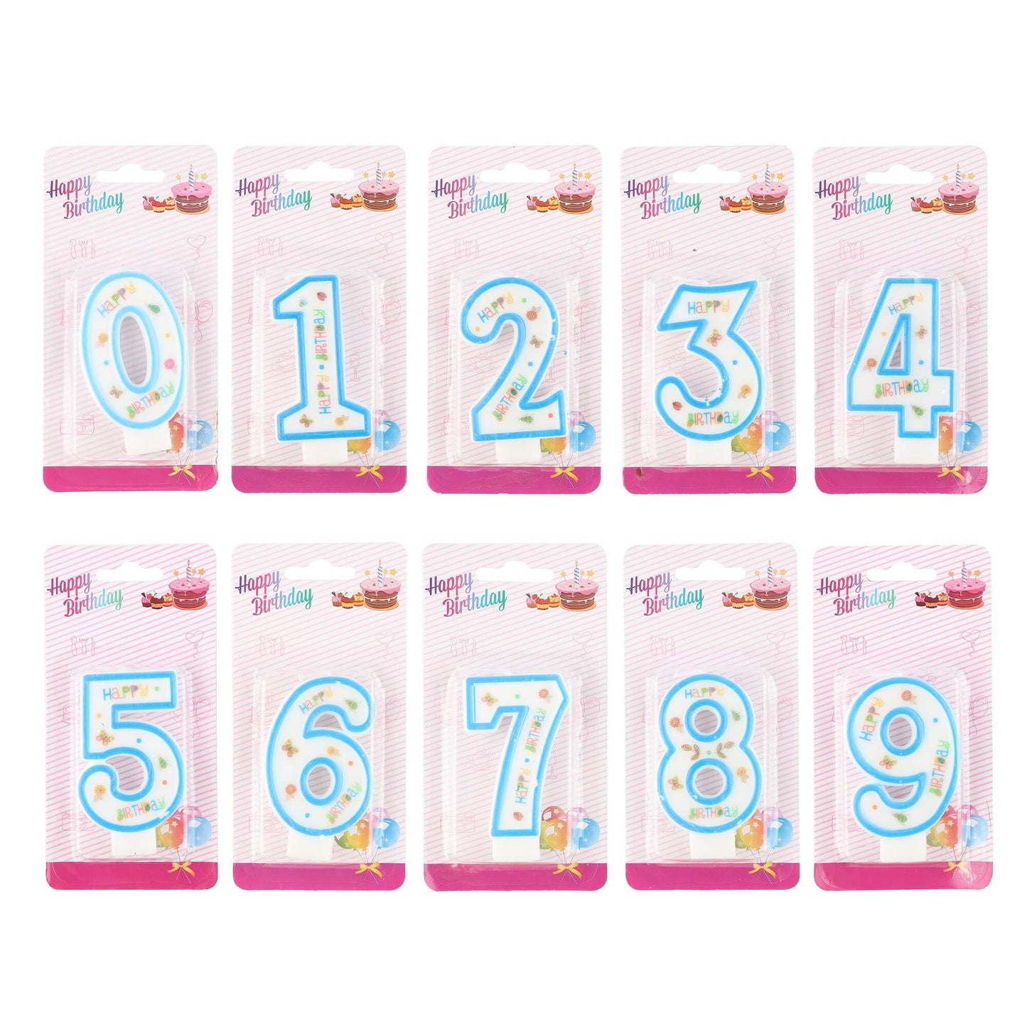 Full set of birthday number candles from 0 to 9 in colorful packaging.