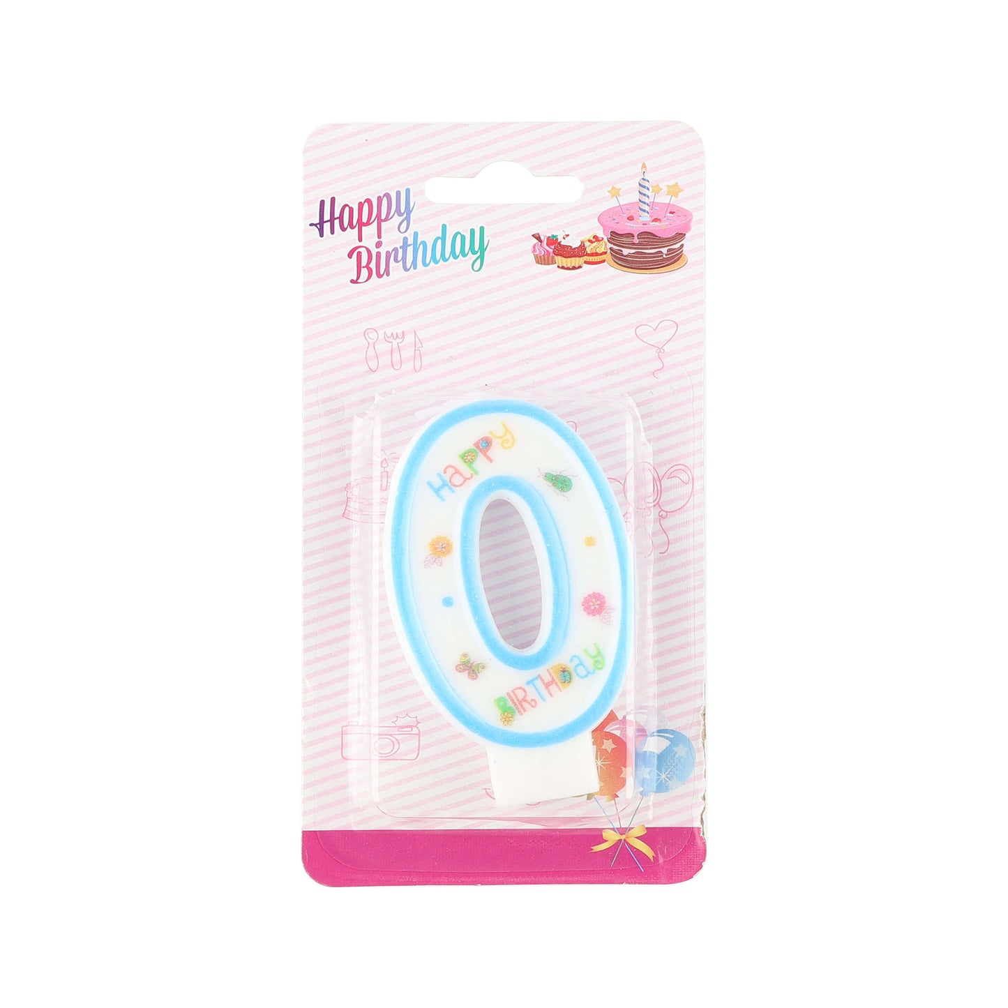 Blue number 0 birthday candle with polka dots in plastic packaging.
