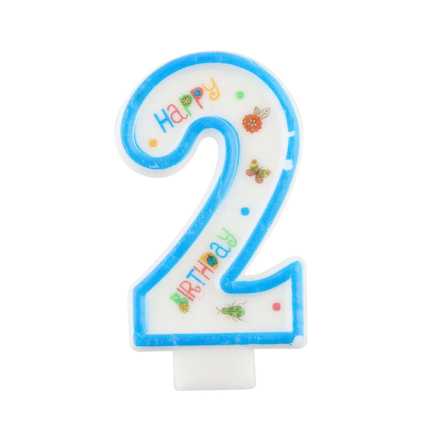 Number 2 birthday candle in blue with colorful dotted design.