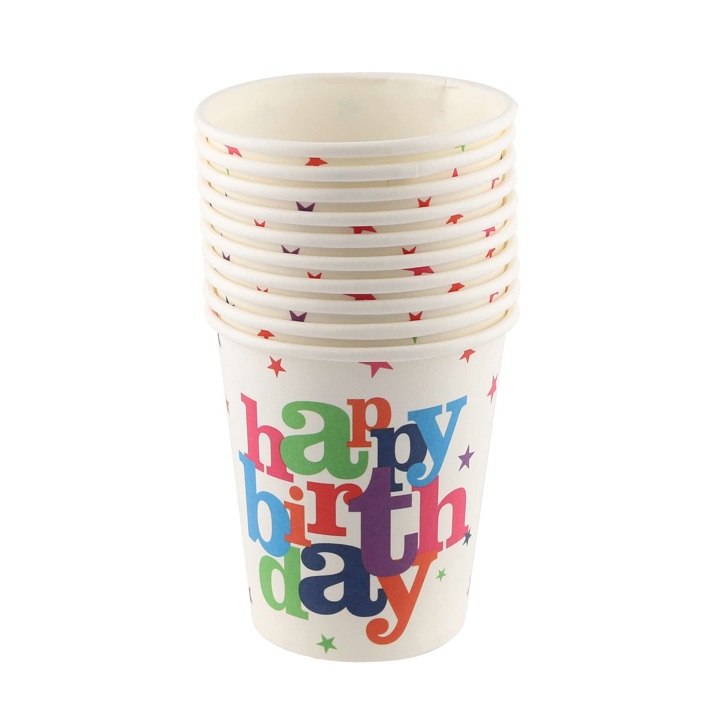 Stack of birthday paper cups with bold “Happy Birthday” text and confetti design.