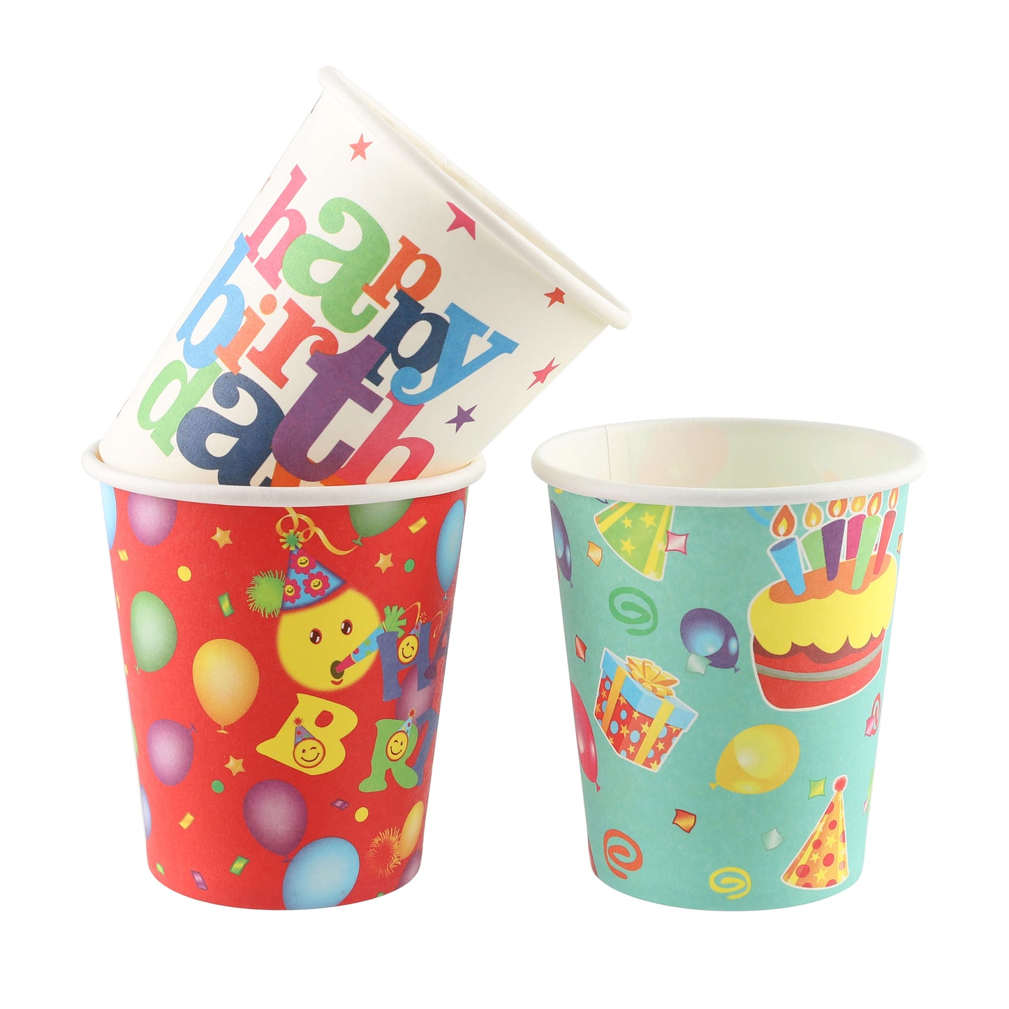 Three colorful birthday paper cups with festive graphics including balloons and cakes.