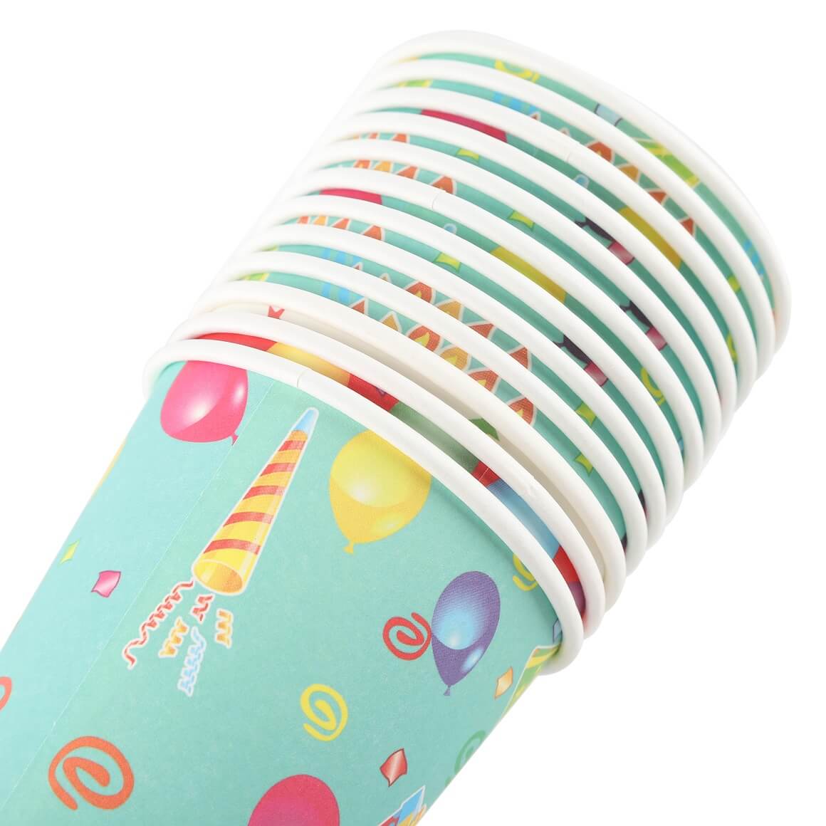 Mixed design paper cups in pastel colors with icons like gifts and balloons.