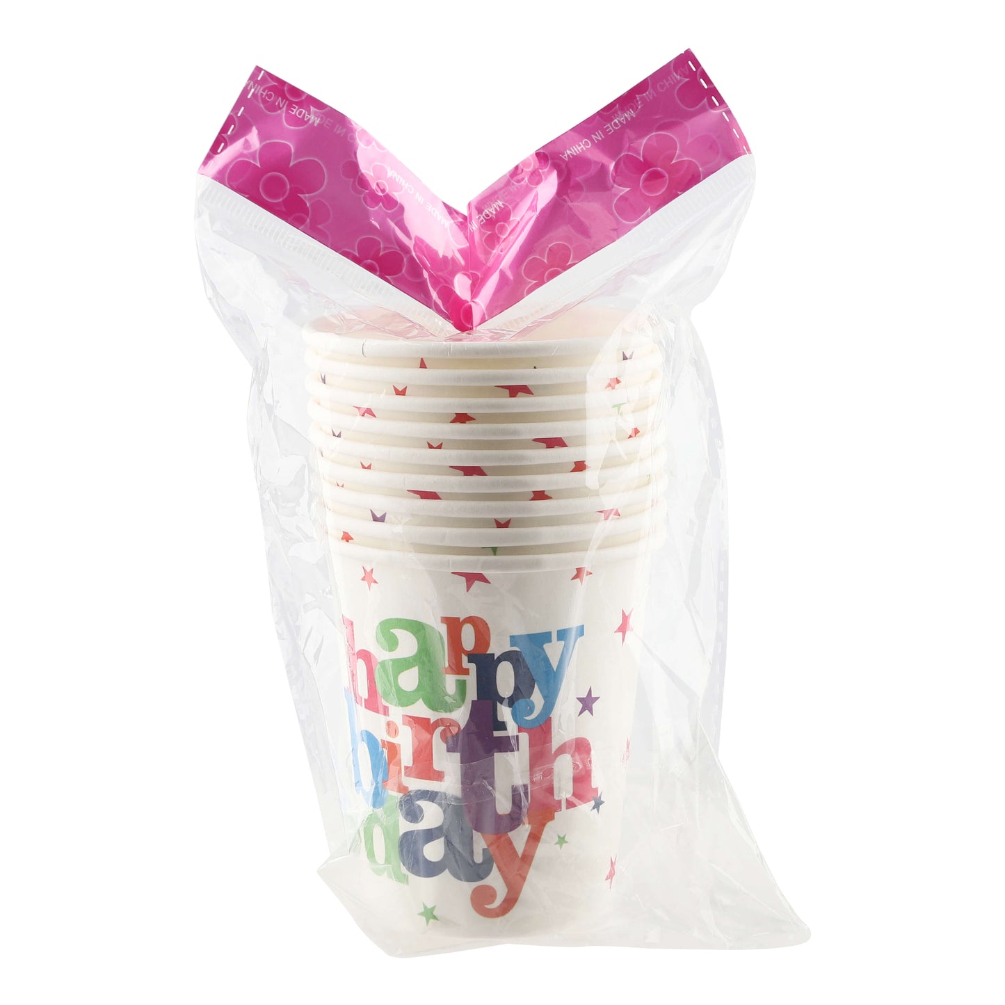 10-piece pack of birthday paper cups sealed in plastic for retail display.