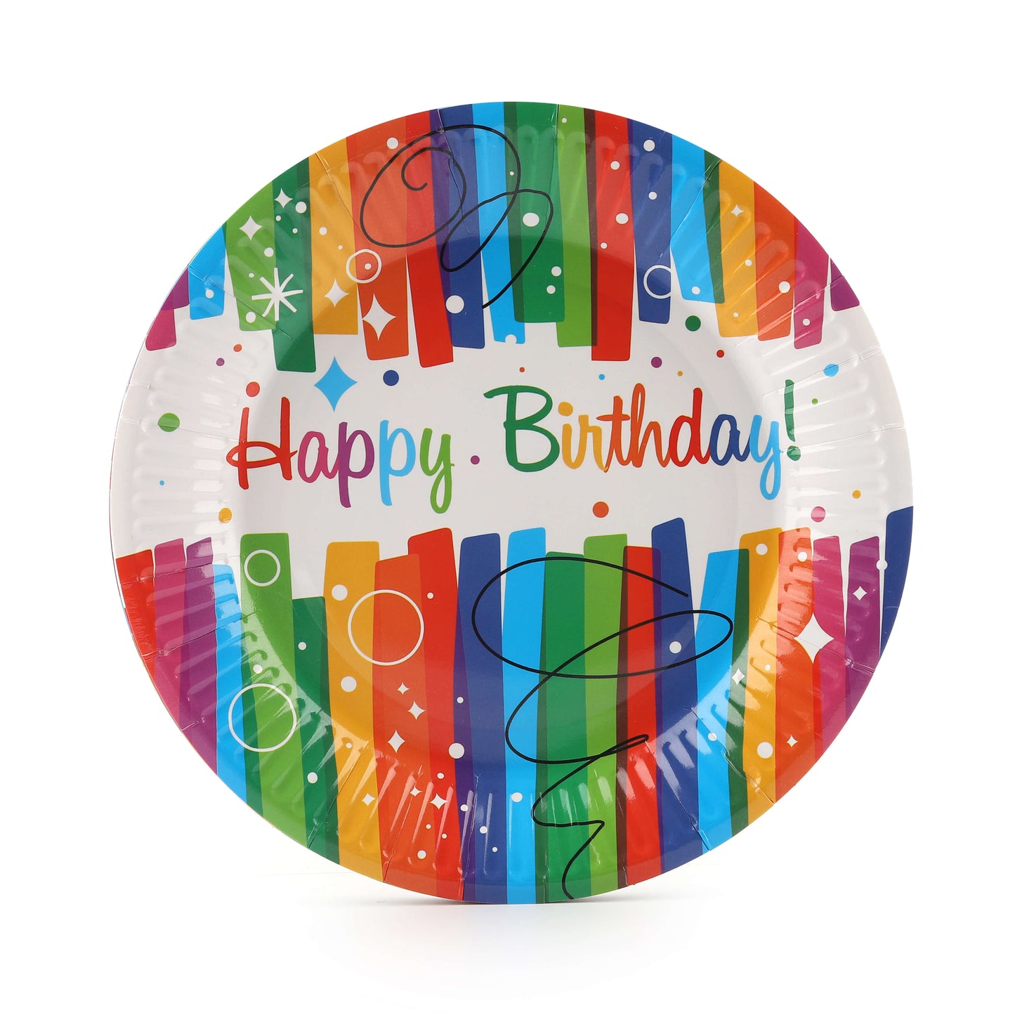 Round disposable plate with rainbow stripes and “Happy Birthday” text.