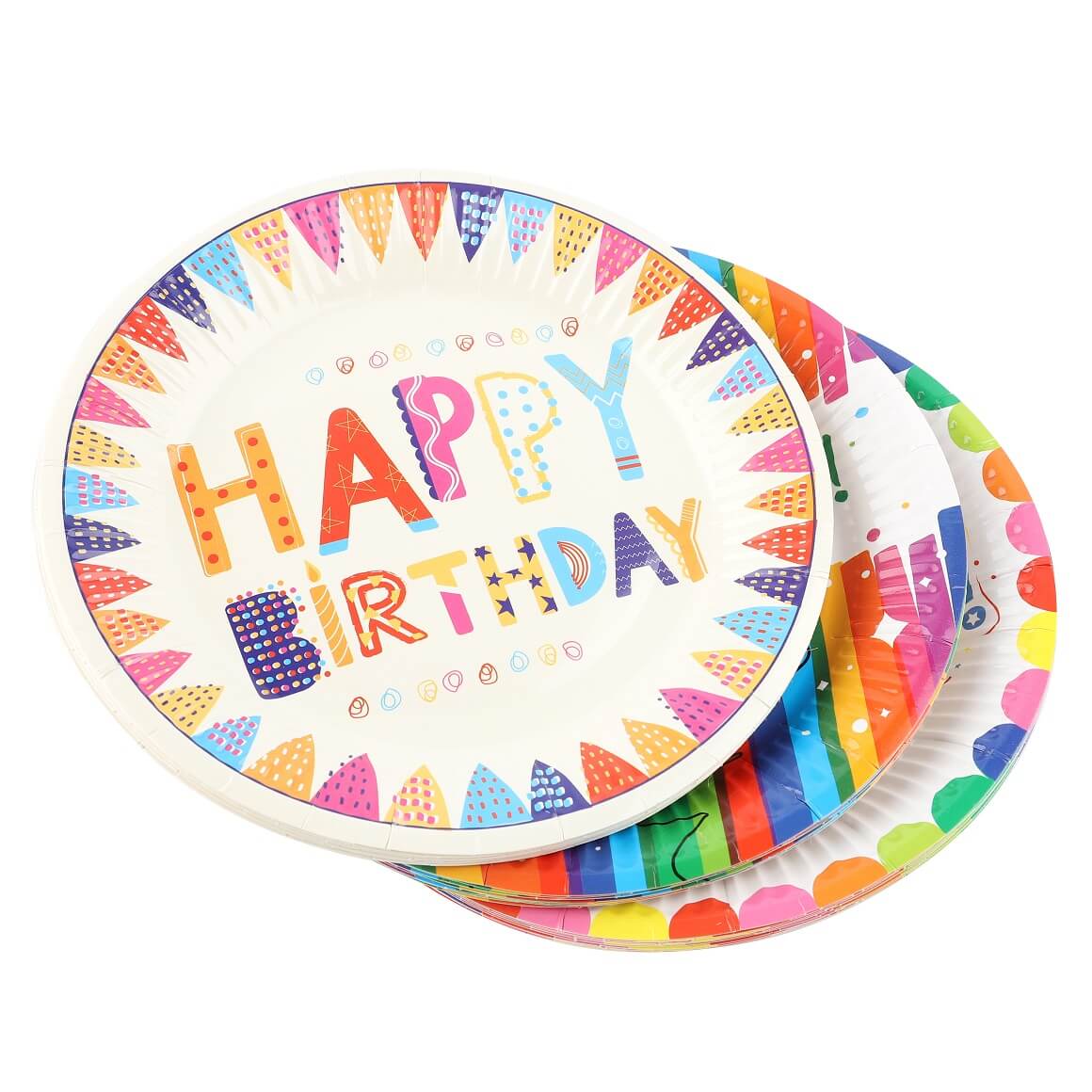 Stacked birthday plates with mixed designs arranged for party display.