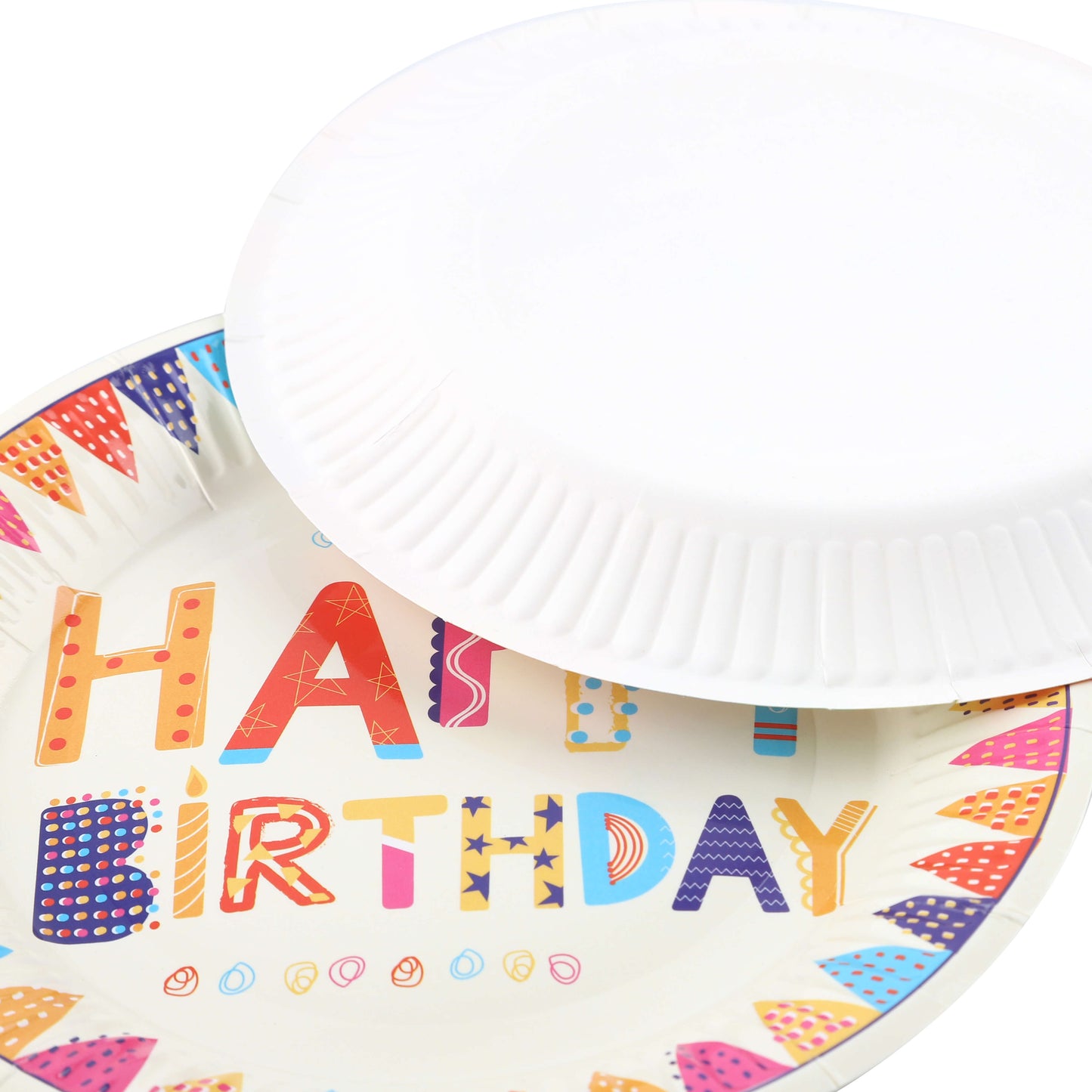 Paper plates partially stacked with one turned to show rainbow design.