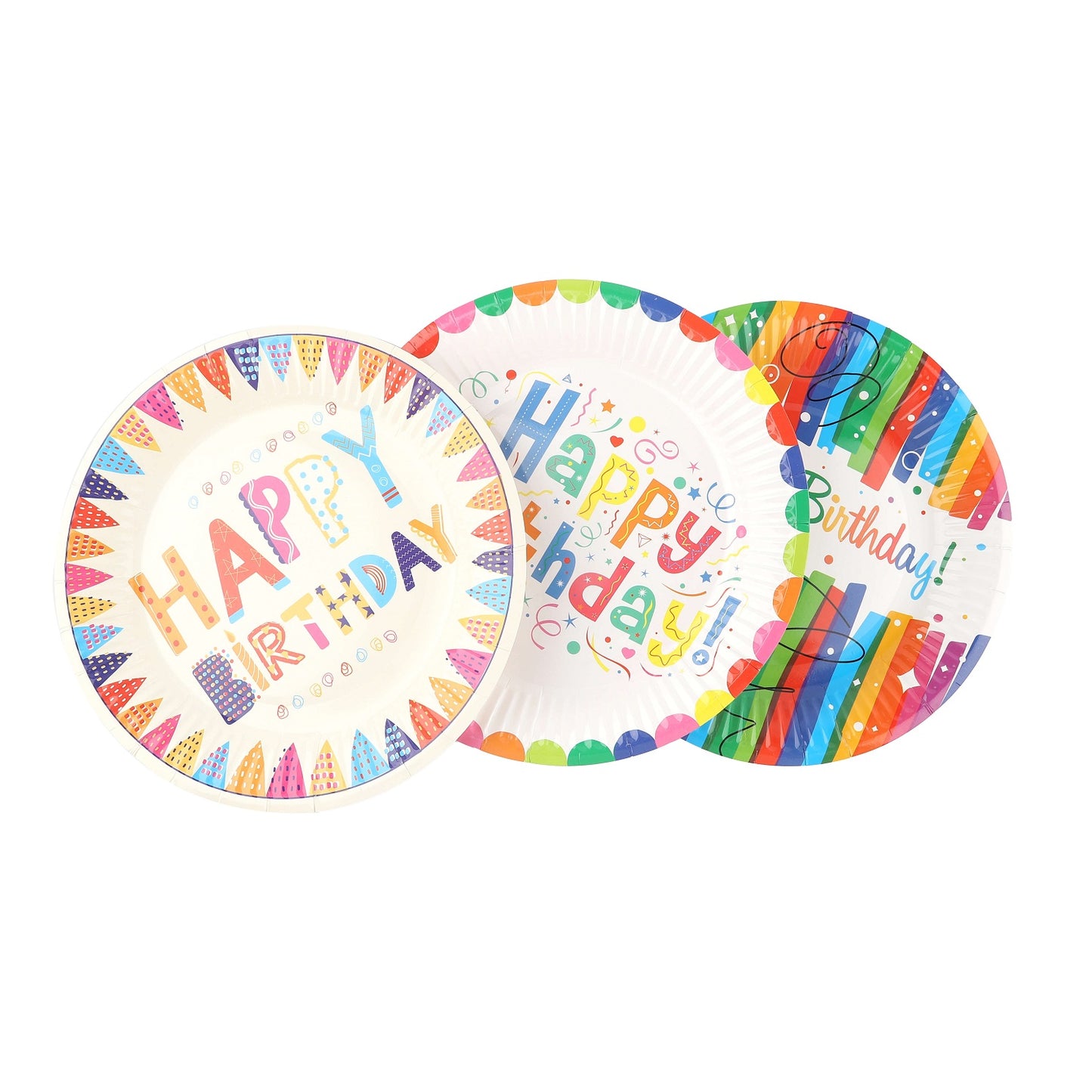 Set of three round birthday paper plates with colorful “Happy Birthday” designs.