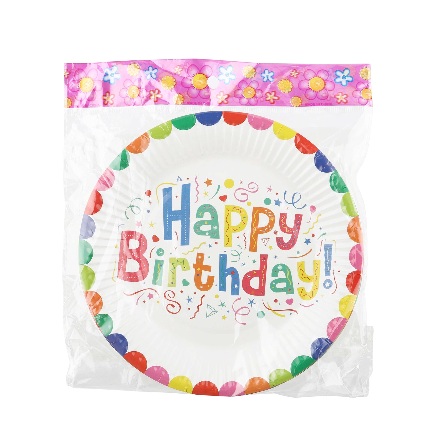 Single round birthday plate with pastel “Happy Birthday” text and border.