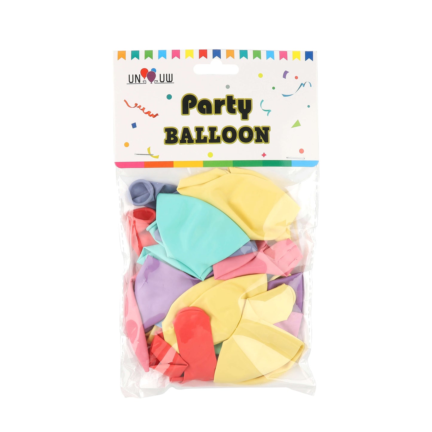 Bag of 25 assorted color latex balloons labeled “Party Balloon.”