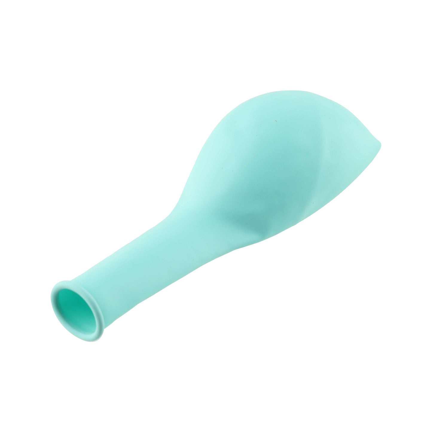 Single uninflated blue balloon laid flat, showing nozzle end.