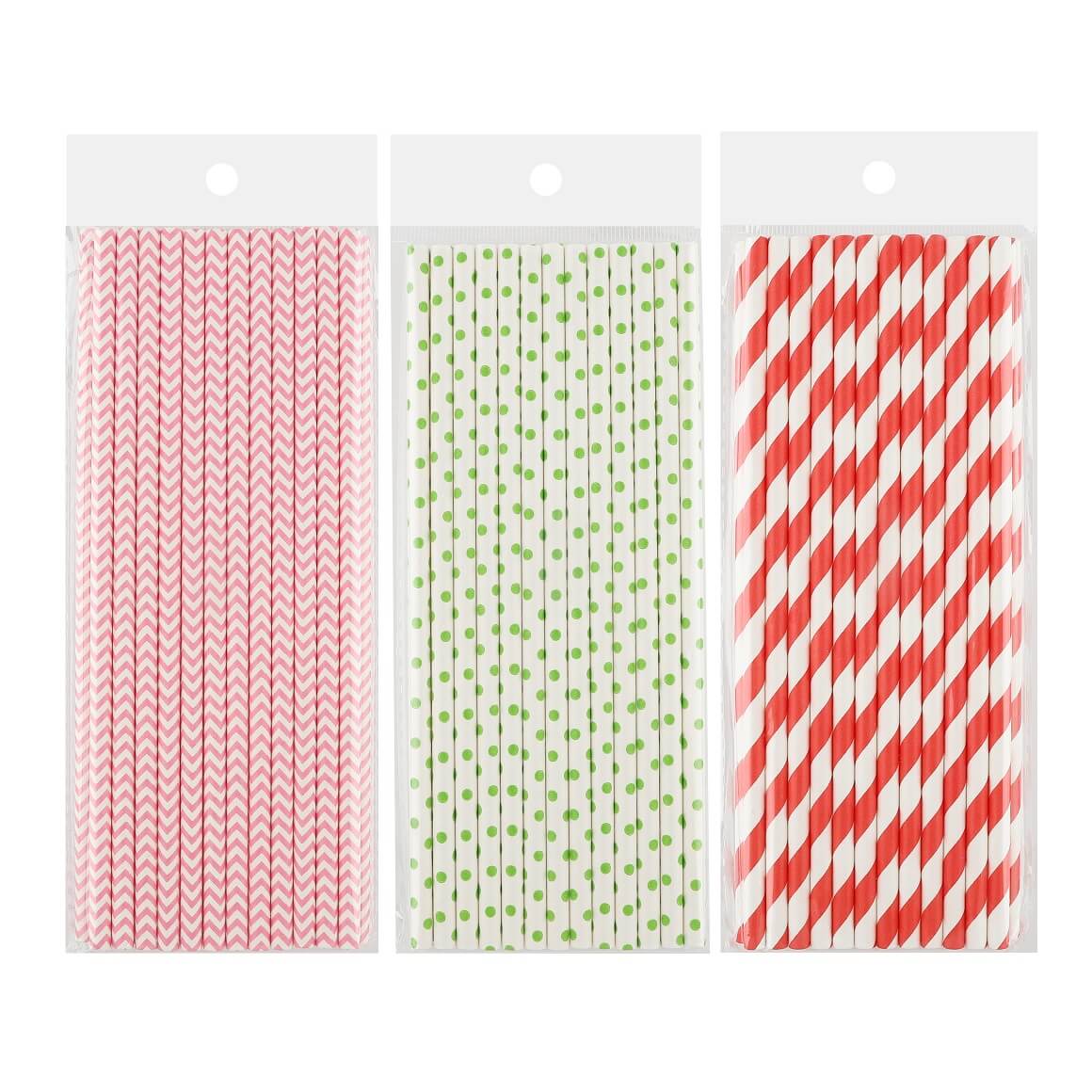 Three packs of paper straws in red, green, and red-white stripe patterns.