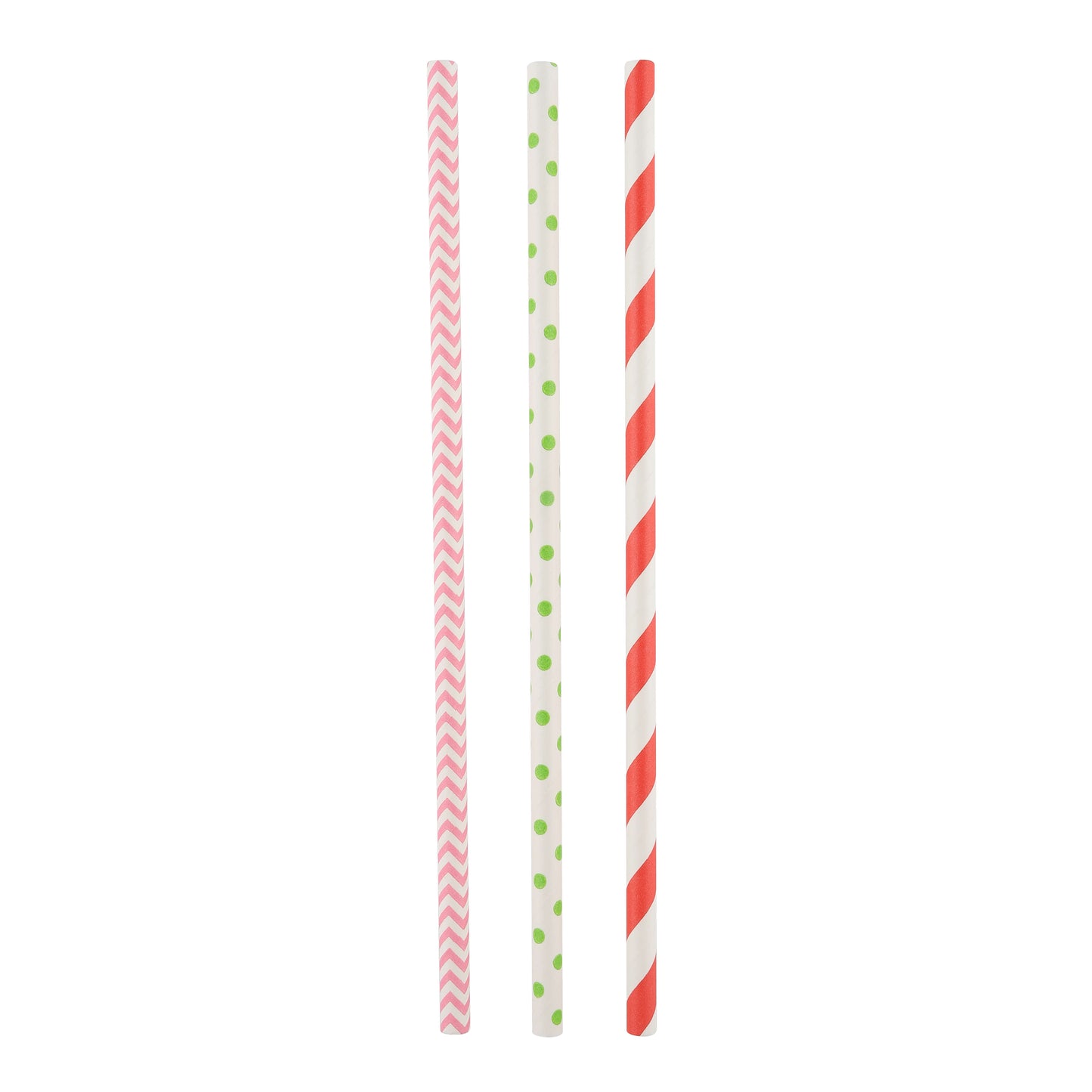 Two loose paper straws with red spiral and candy stripe designs.