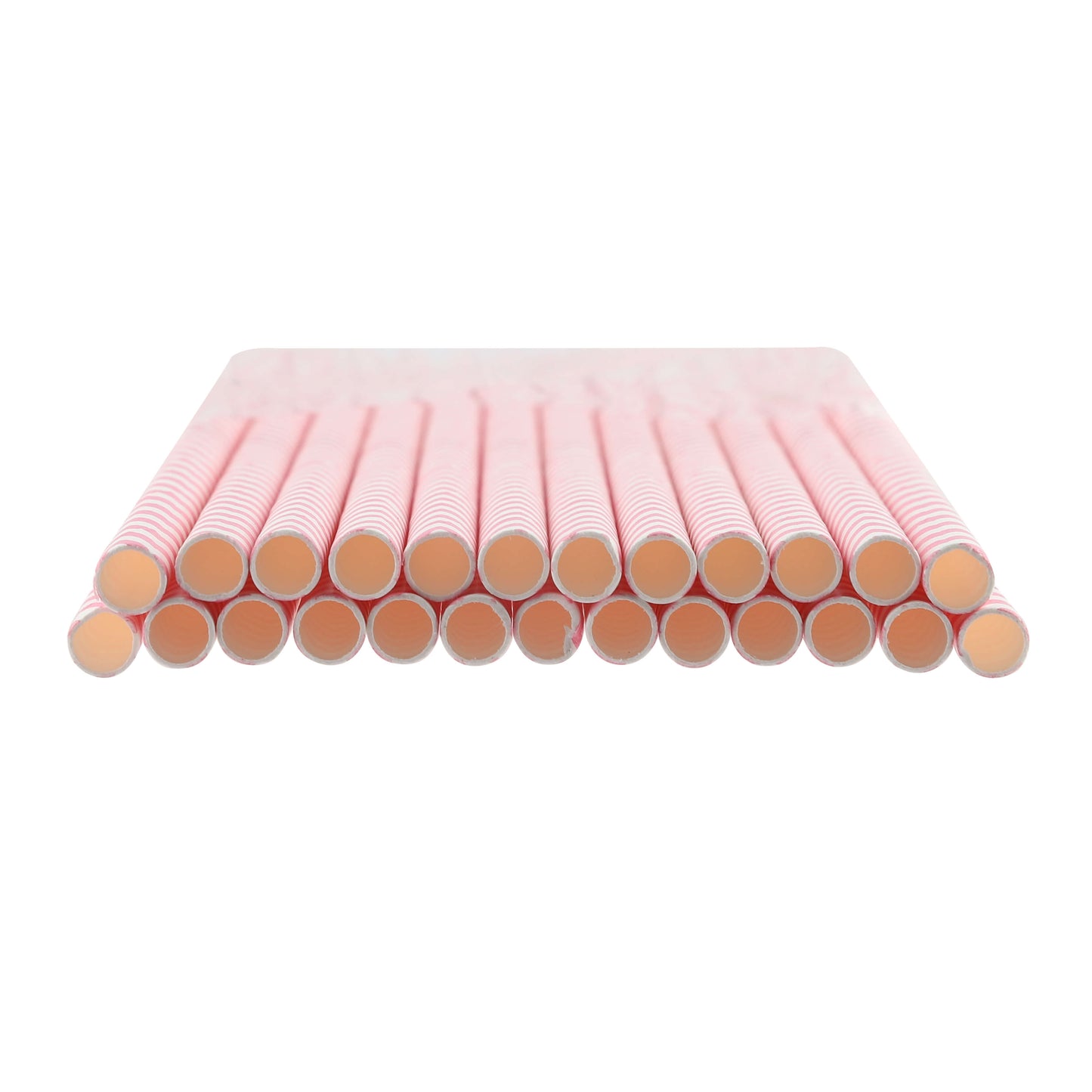 Side view of 25 stacked paper straws with mixed pink and red designs.