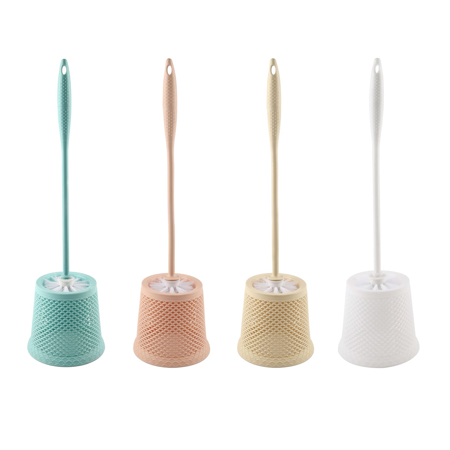 Set of four silicone toilet bowl brushes with holders in assorted colors – green, beige, peach, and white.