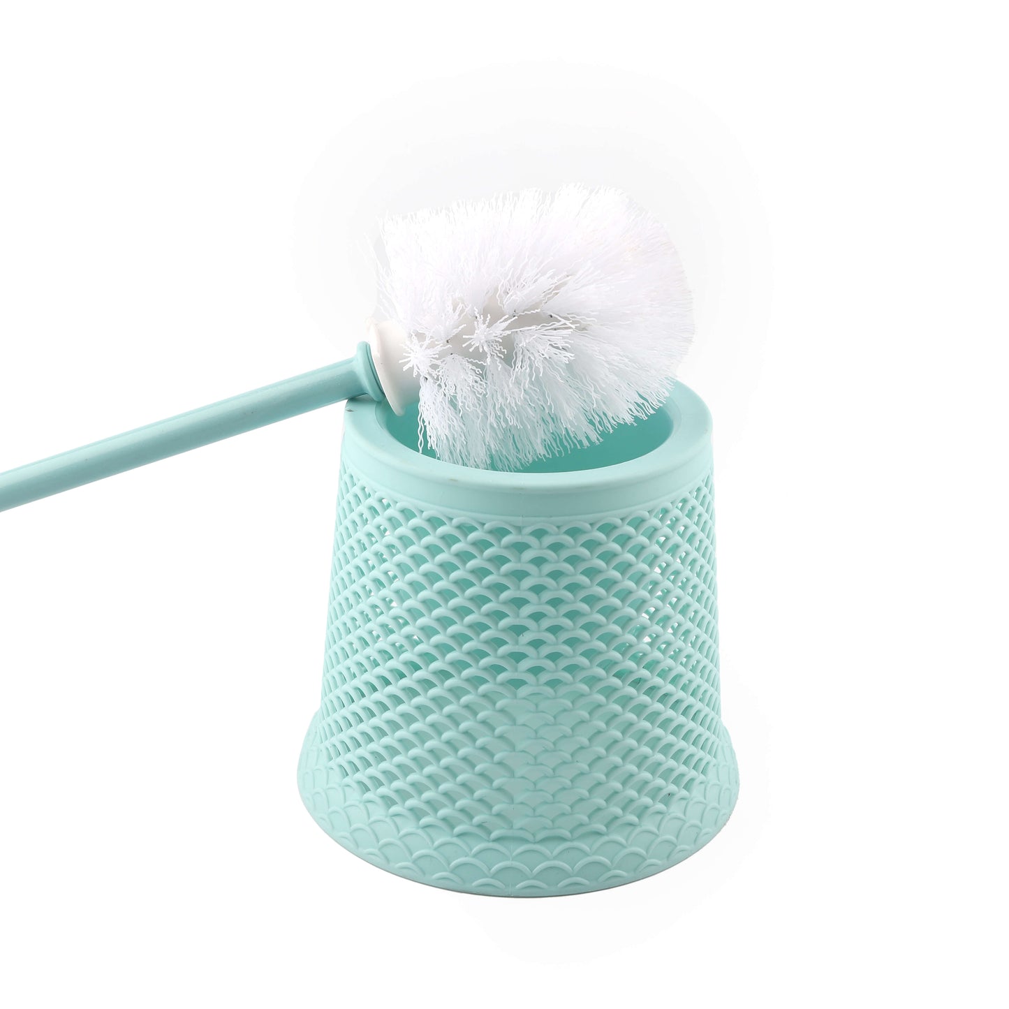 Green silicone toilet brush inserted into matching holder, side profile view.