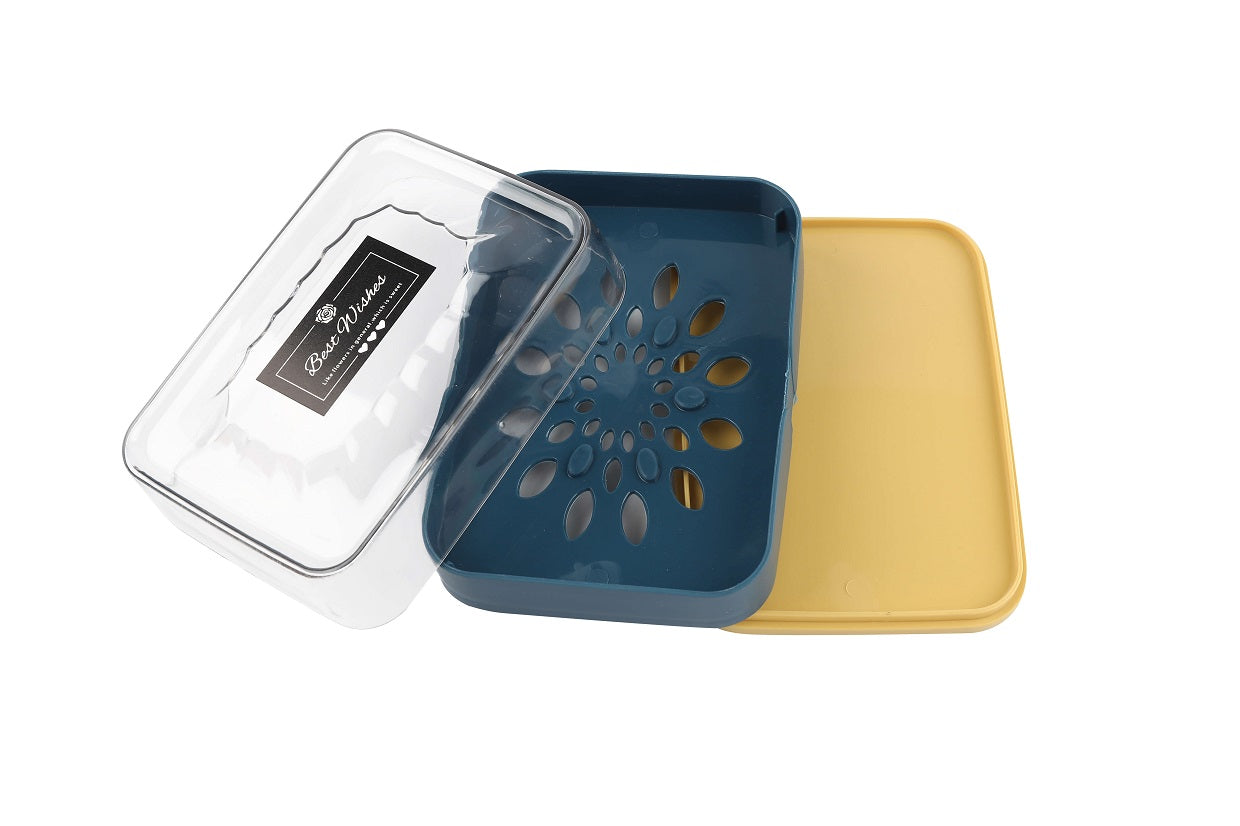 Top-down view of navy blue soap box with vented drainage lid.