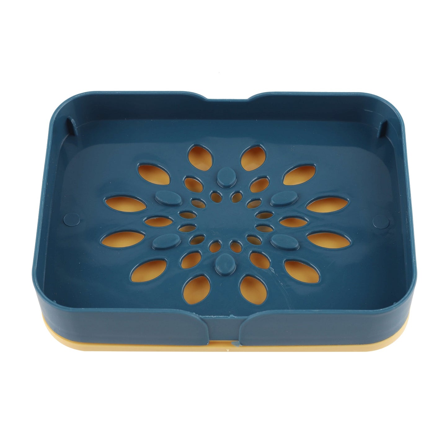 Front-facing orange soap container with matching lid and drainage holes.