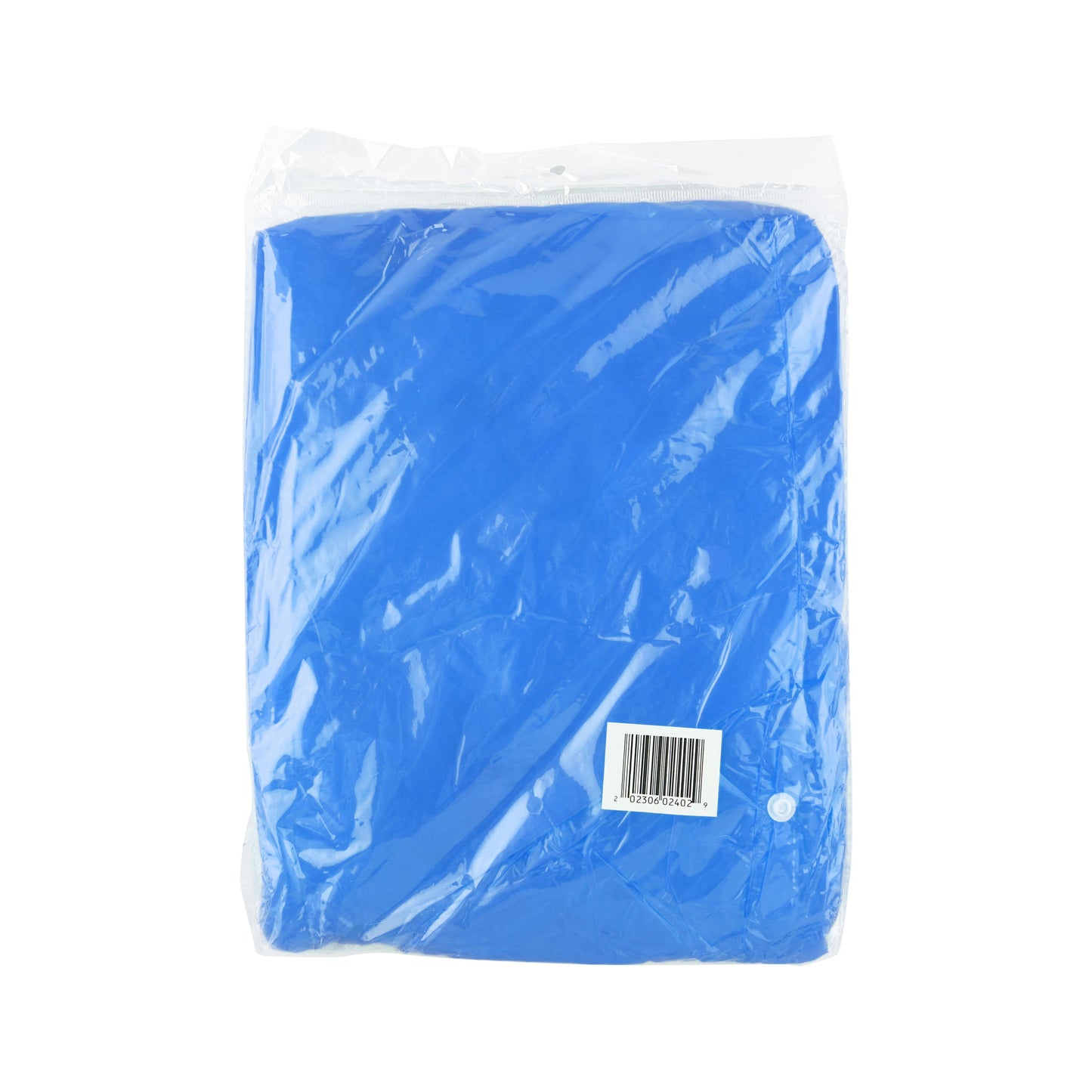 Folded blue disposable rain poncho in sealed plastic wrap.