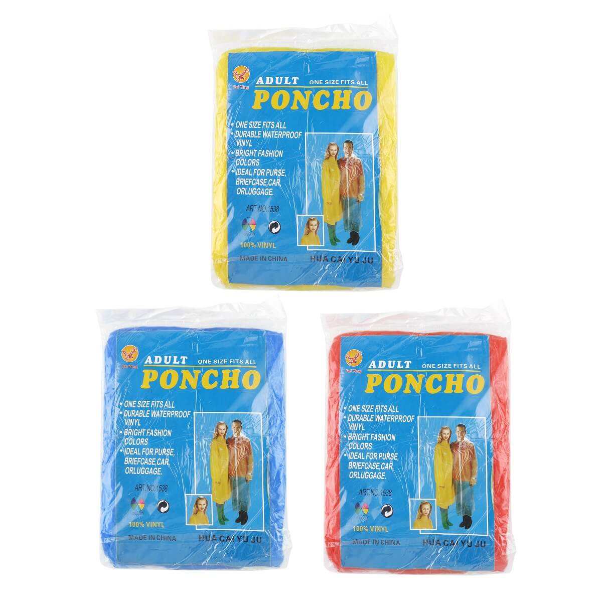 Adult disposable rain ponchos in retail packaging with assorted color options.