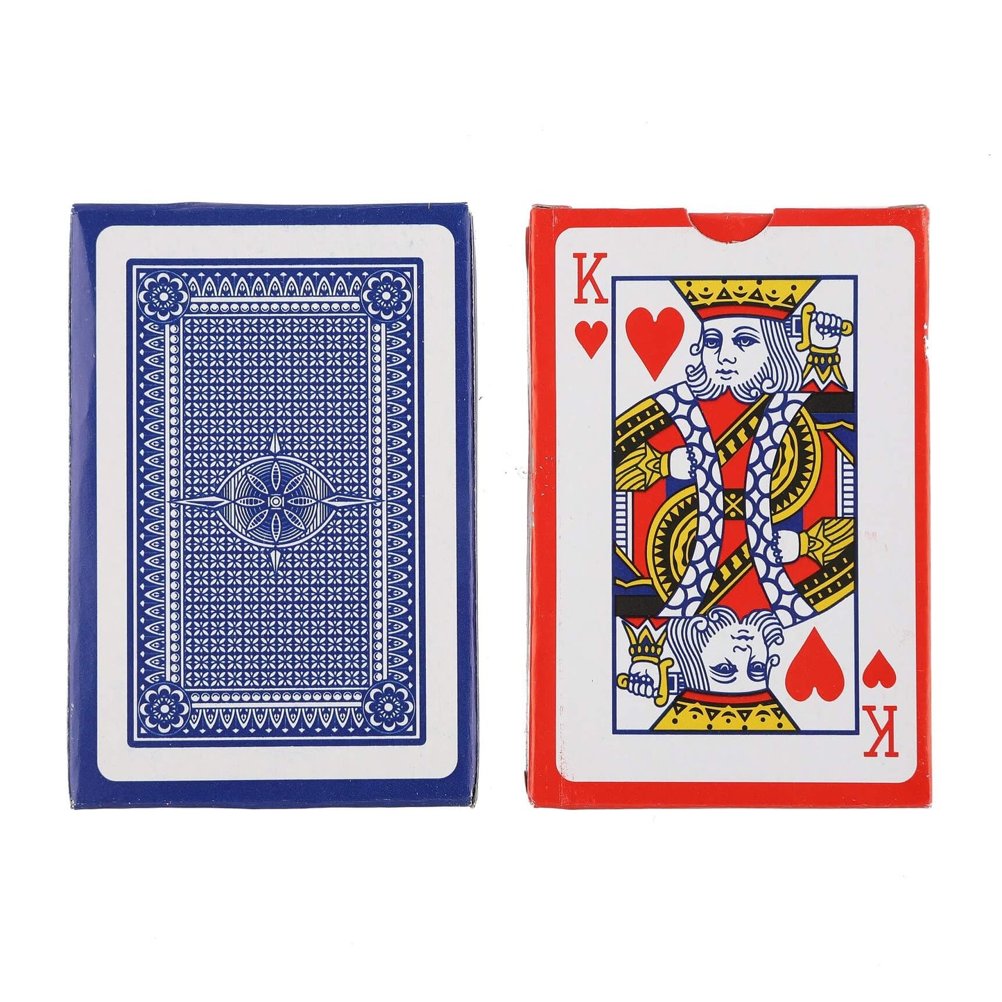 Standard playing card deck showing King of Hearts and blue back design.