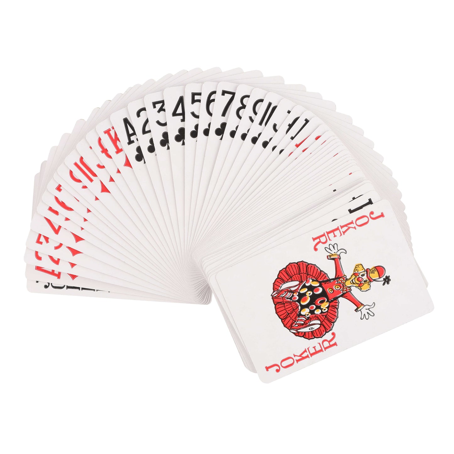 54-card deck fanned out on table including joker cards.