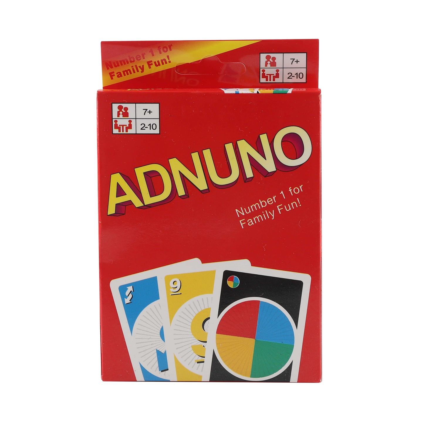 ADNUNO card game box featuring colorful card preview on red background.