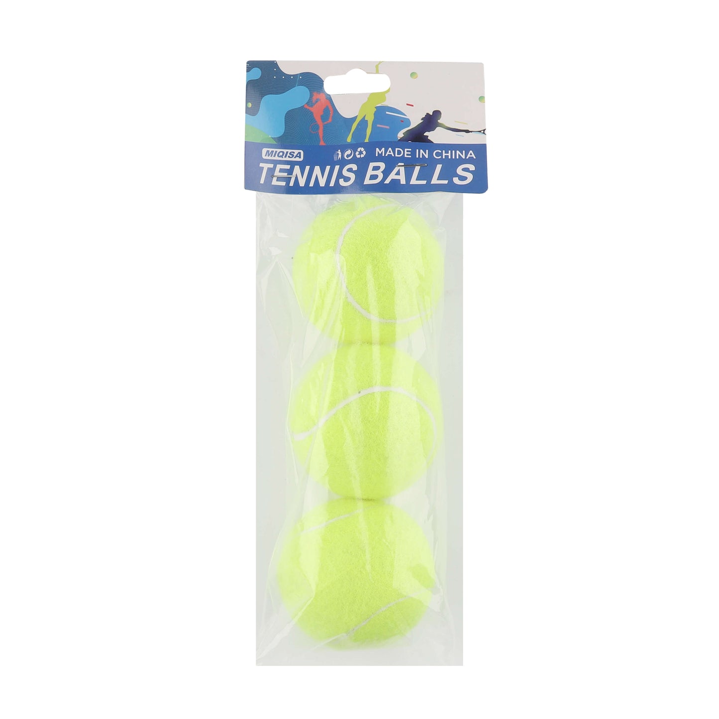 Three neon green tennis balls packed vertically in transparent retail packaging.