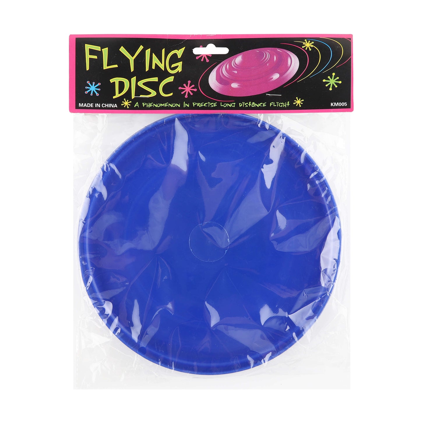 Blue frisbee sealed in retail packaging, circular flight ring visible.