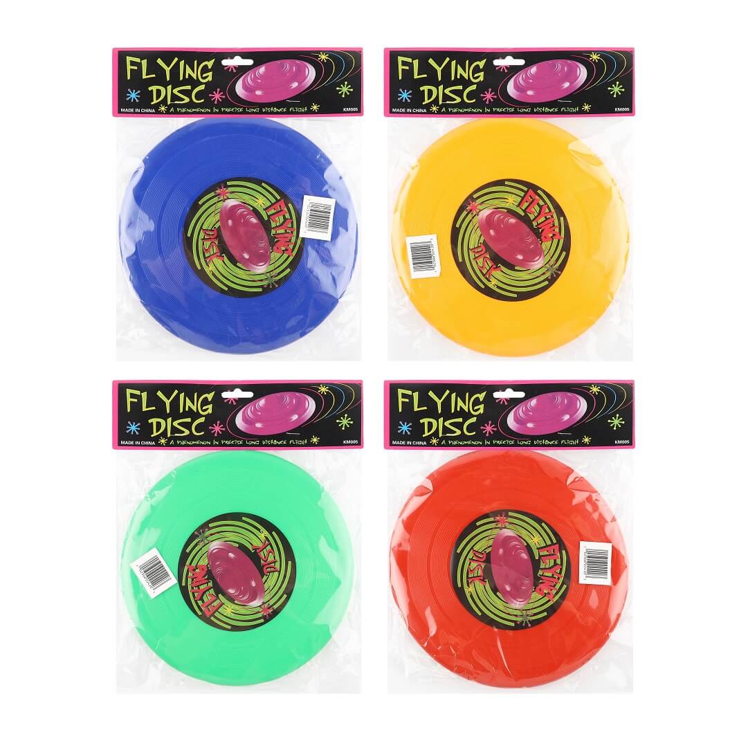 Assorted flying disc frisbees in blue, yellow, green, and red, packaged in retail wrap.