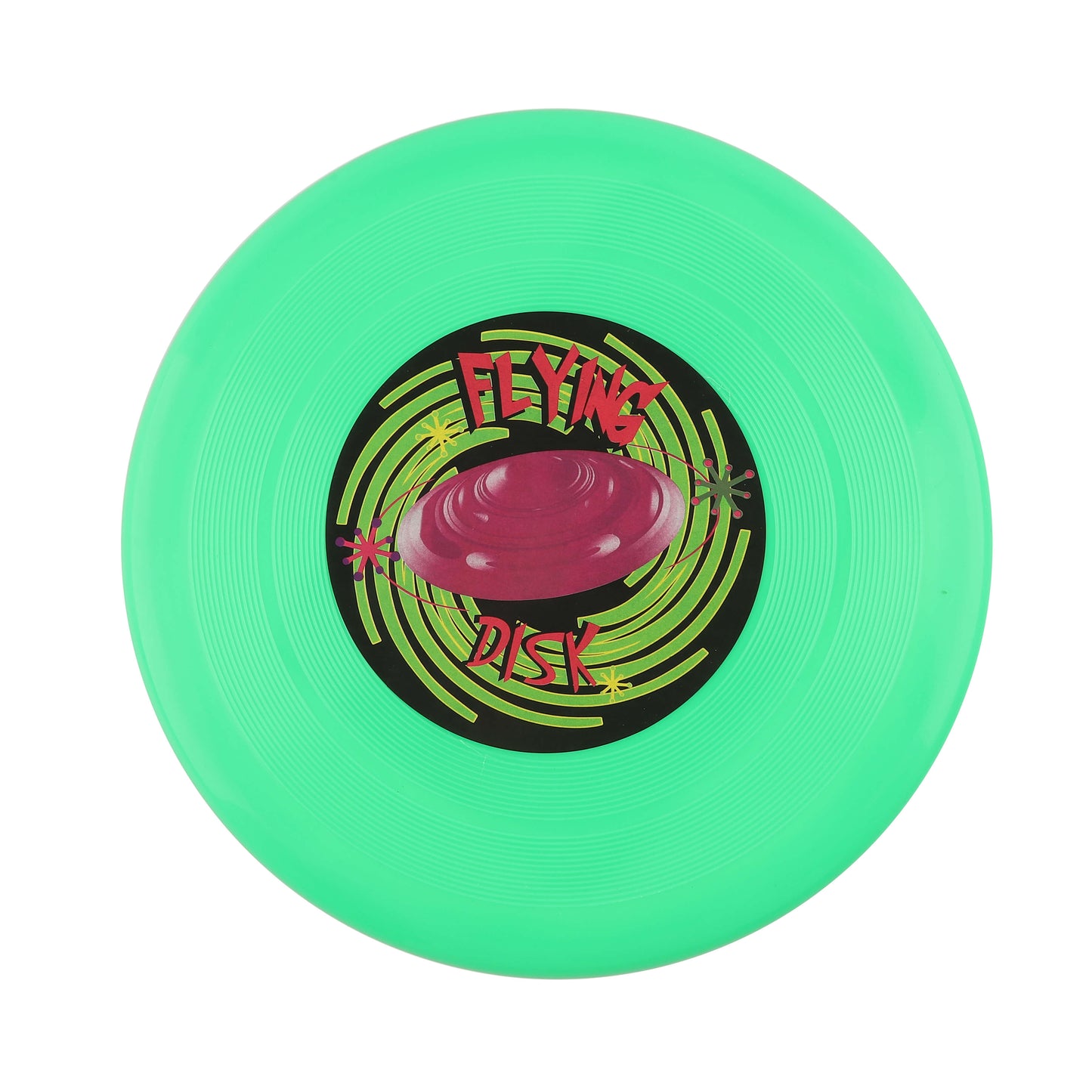 Green frisbee unwrapped, showing center label and textured rim.