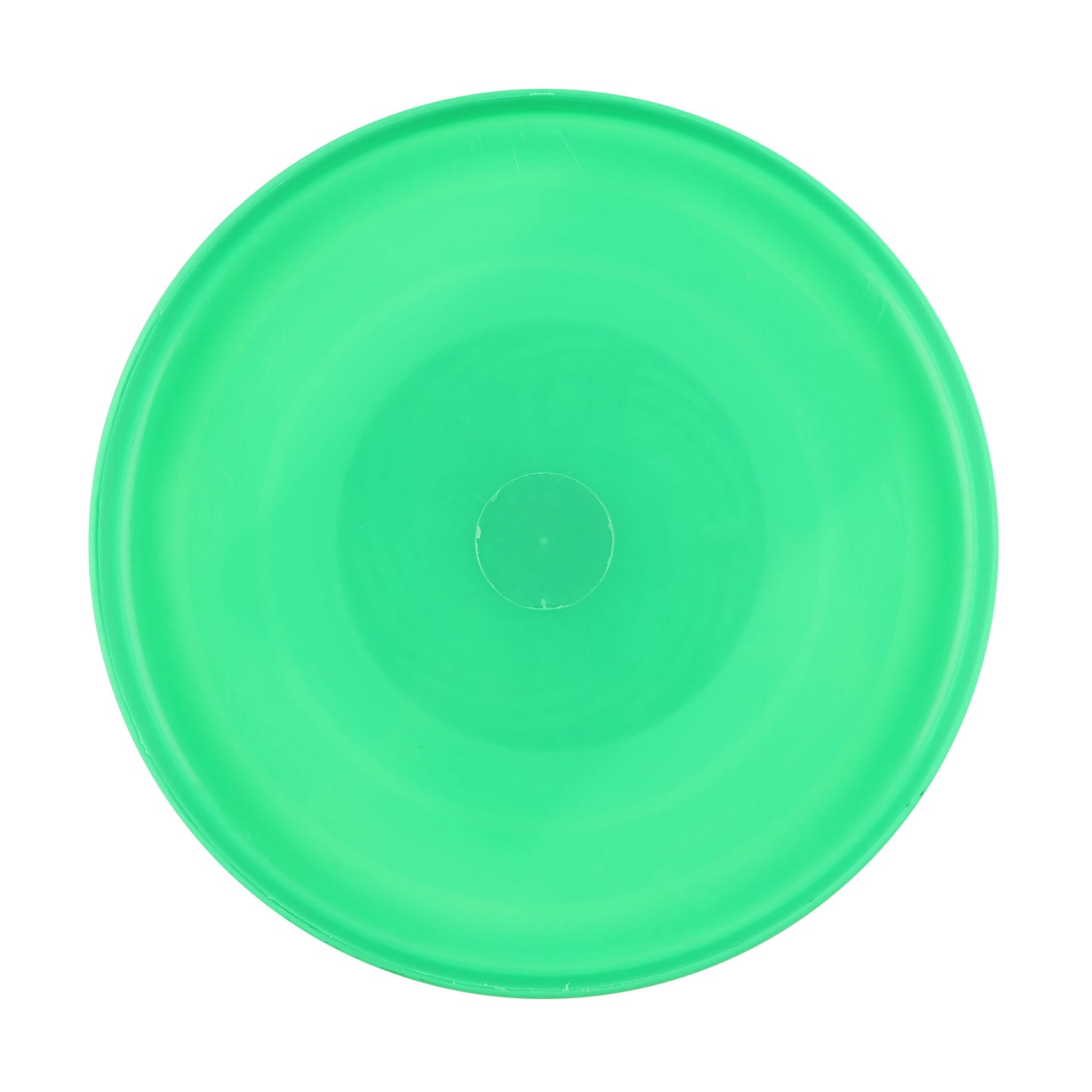 Translucent green frisbee viewed from the bottom, showing circular design.