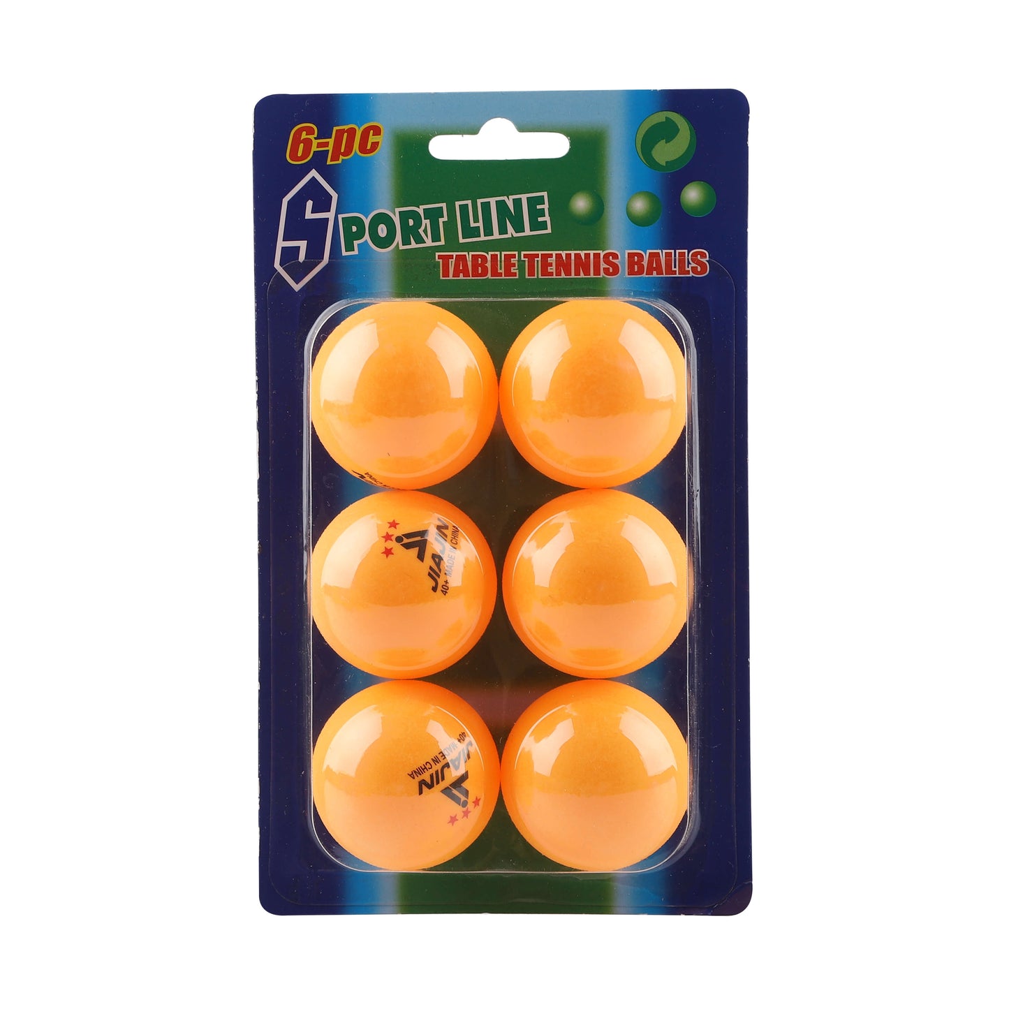 Pack of six yellow table tennis balls in green and blue retail packaging.