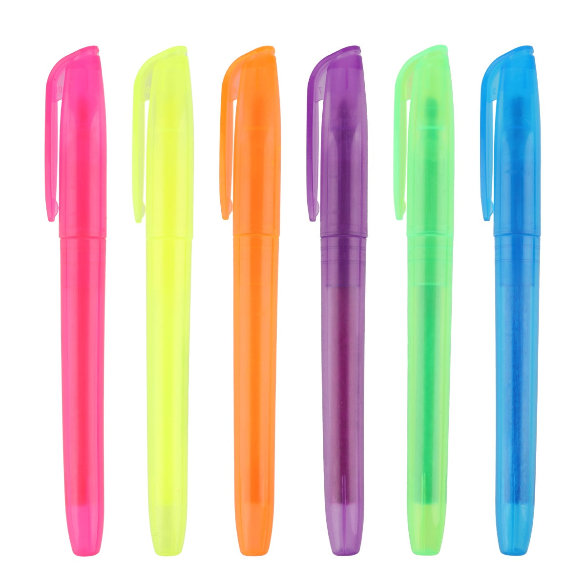 Six highlighters arranged in a row by color: pink, orange, yellow, green, blue, and purple.