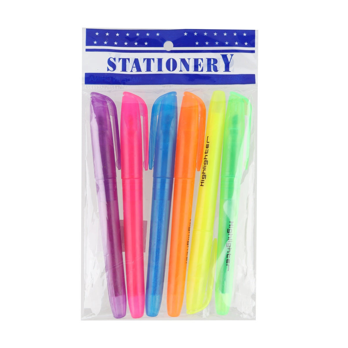 Pack of 6 fluorescent highlighters in assorted colors inside clear stationery packaging.