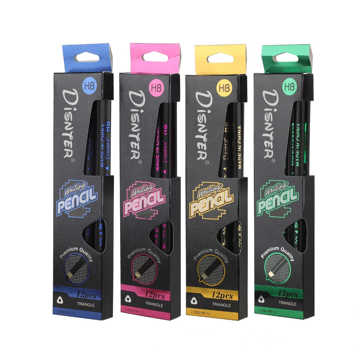 Set of 4 boxes of HB pencils in assorted colors: blue, pink, yellow, and green.